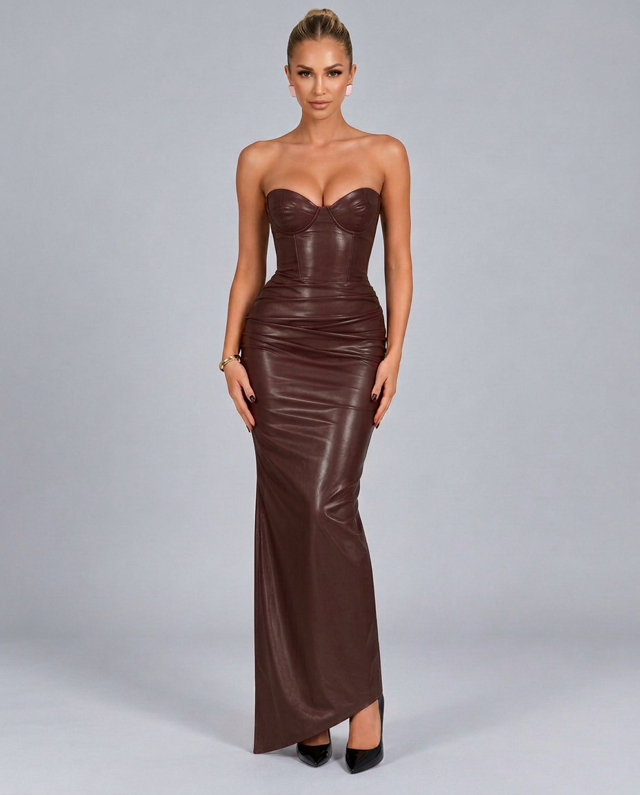 Lenora | Leather-Look Corset Maxi Dress with Strapless Neckline