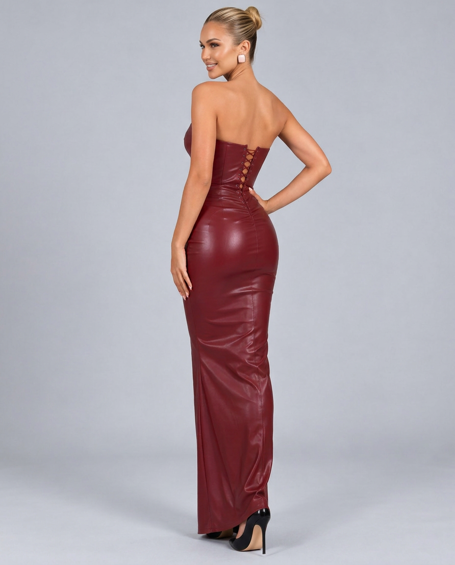 Lenora | Leather-Look Corset Maxi Dress with Strapless Neckline