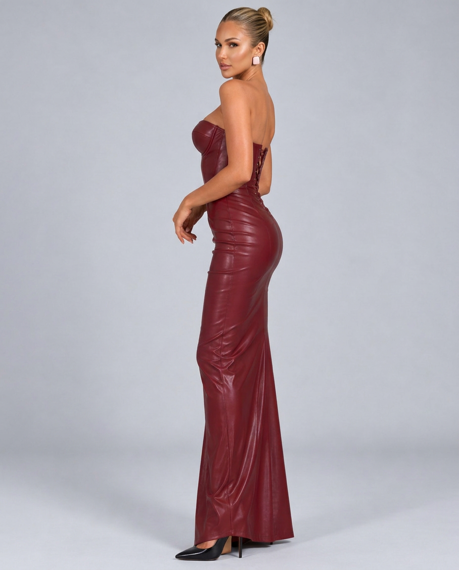 Lenora | Leather-Look Corset Maxi Dress with Strapless Neckline