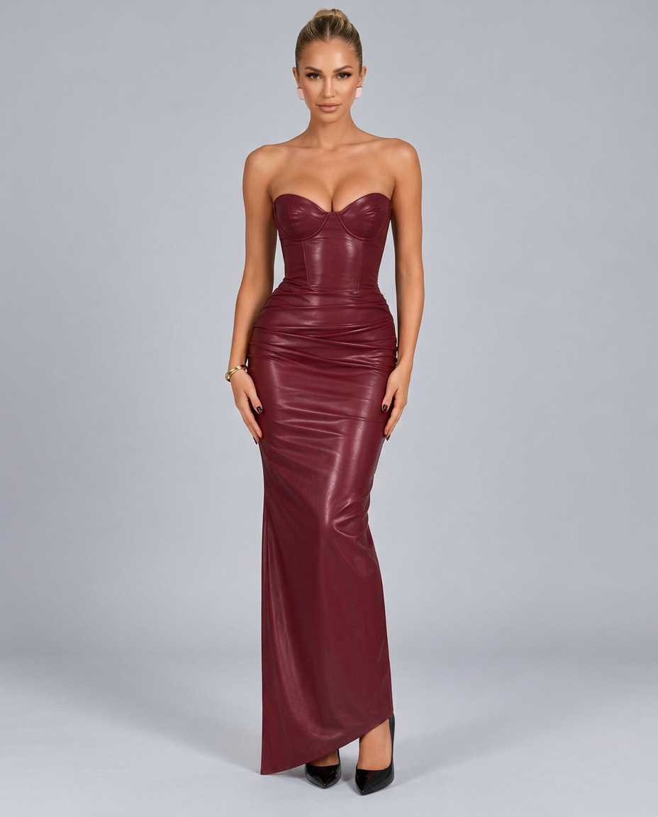 Lenora | Leather-Look Corset Maxi Dress with Strapless Neckline