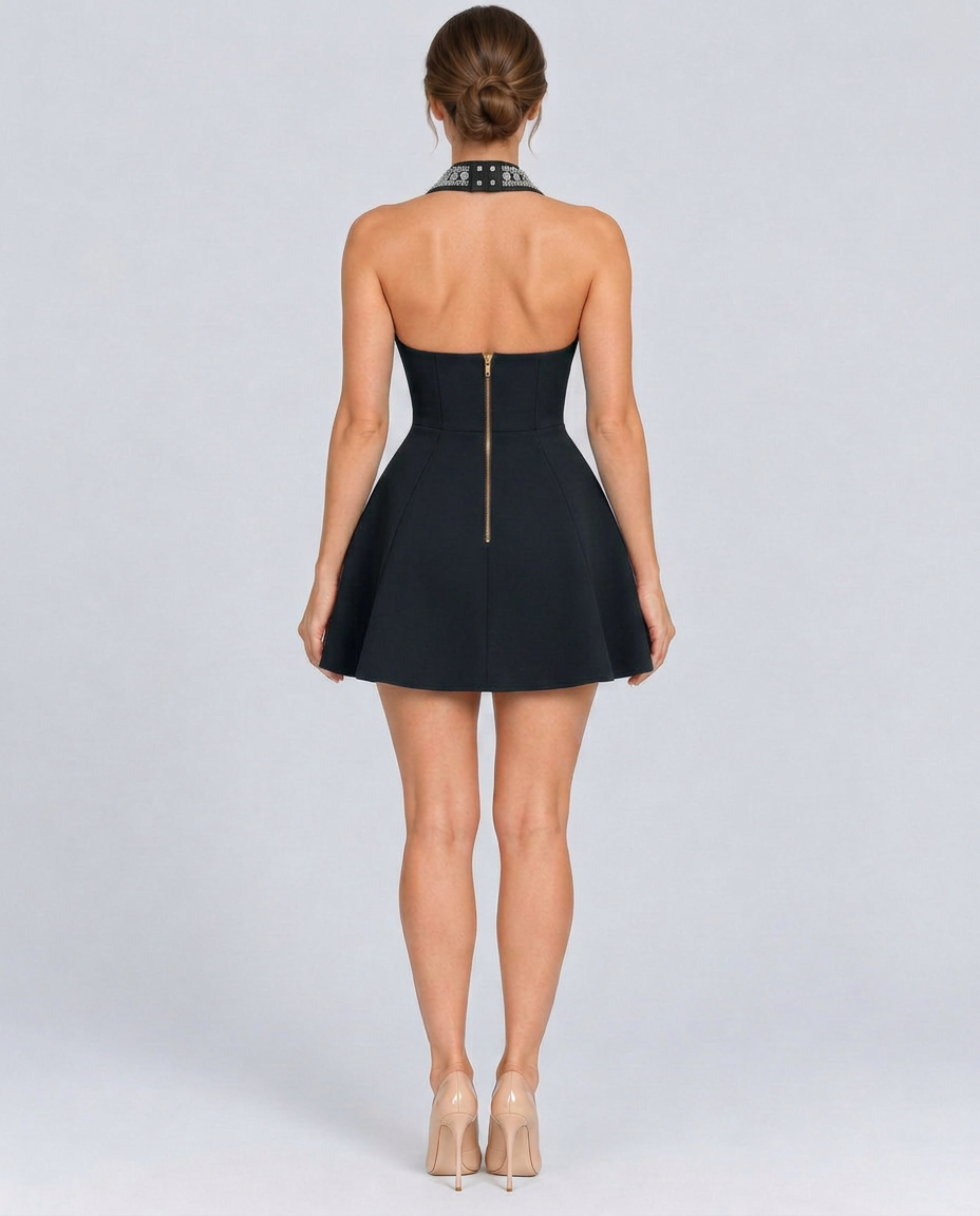 Betty | Crystal Embellished Mini Dress with Halter Neck