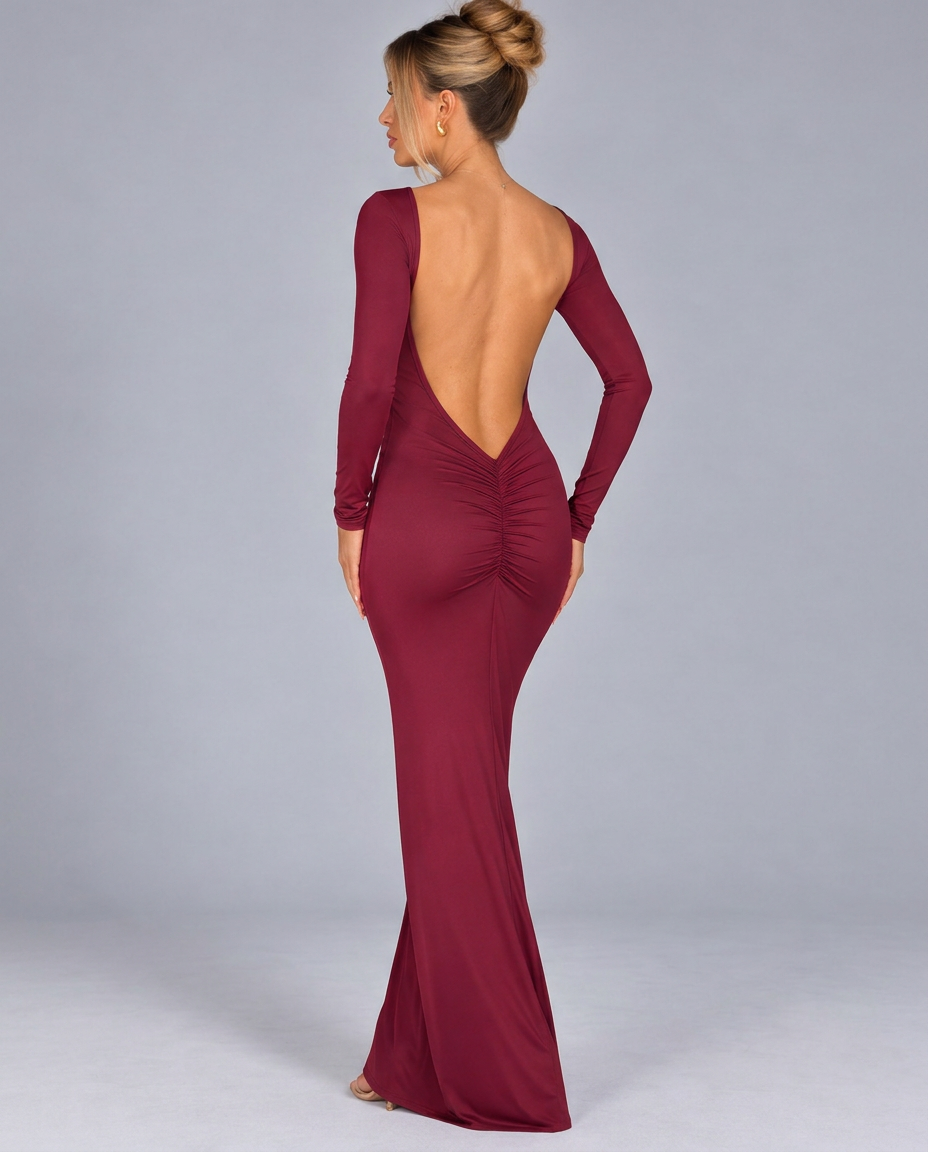 Jennie | Ruched Backless Maxi Dress with Long Sleeves