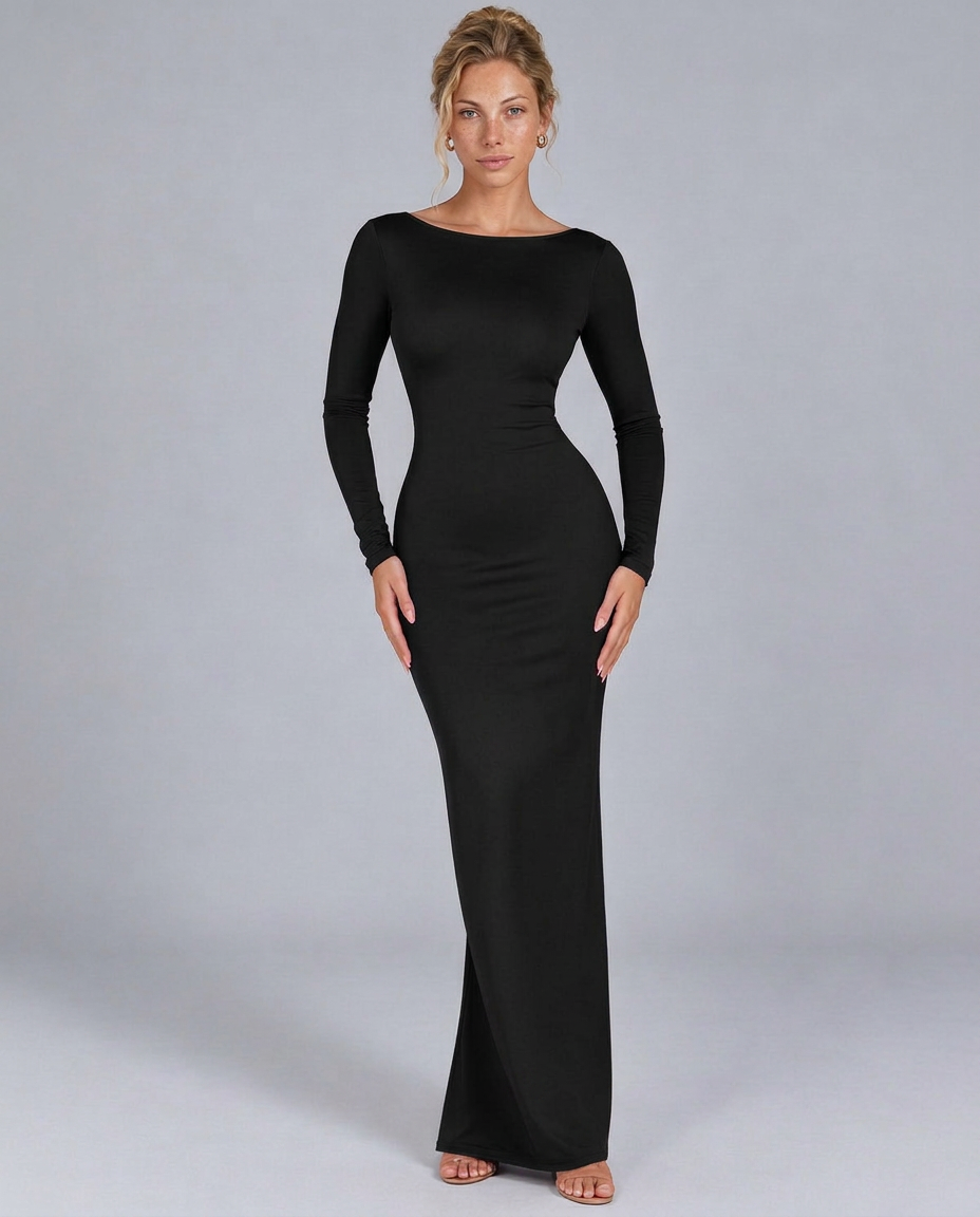 Jennie | Ruched Backless Maxi Dress with Long Sleeves