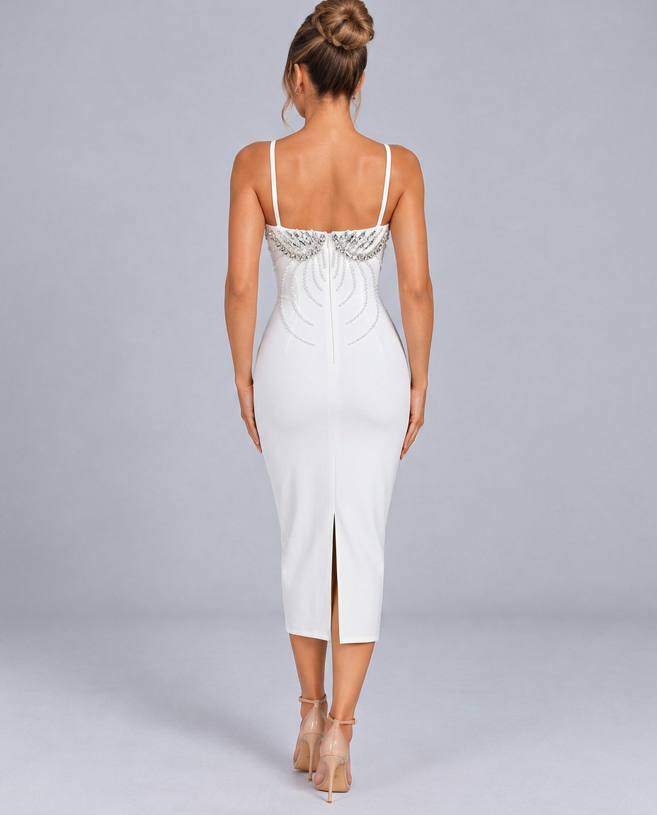 Neva | Beaded Bodycon Midi Dress with Spaghetti Straps