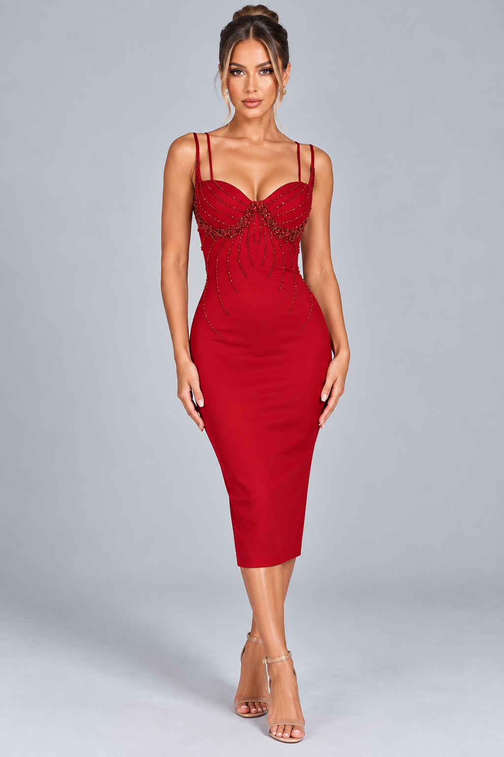 Neva | Beaded Bodycon Midi Dress with Spaghetti Straps