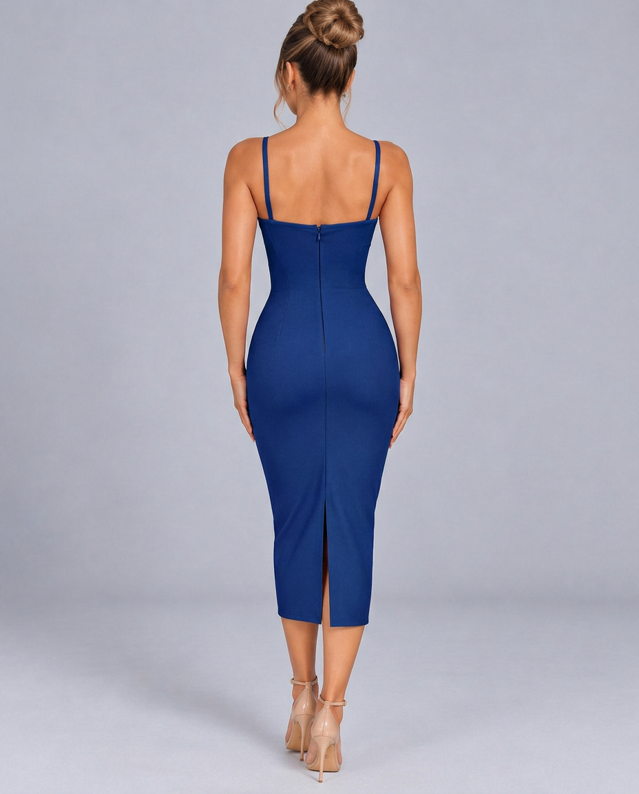 Neva | Beaded Bodycon Midi Dress with Spaghetti Straps