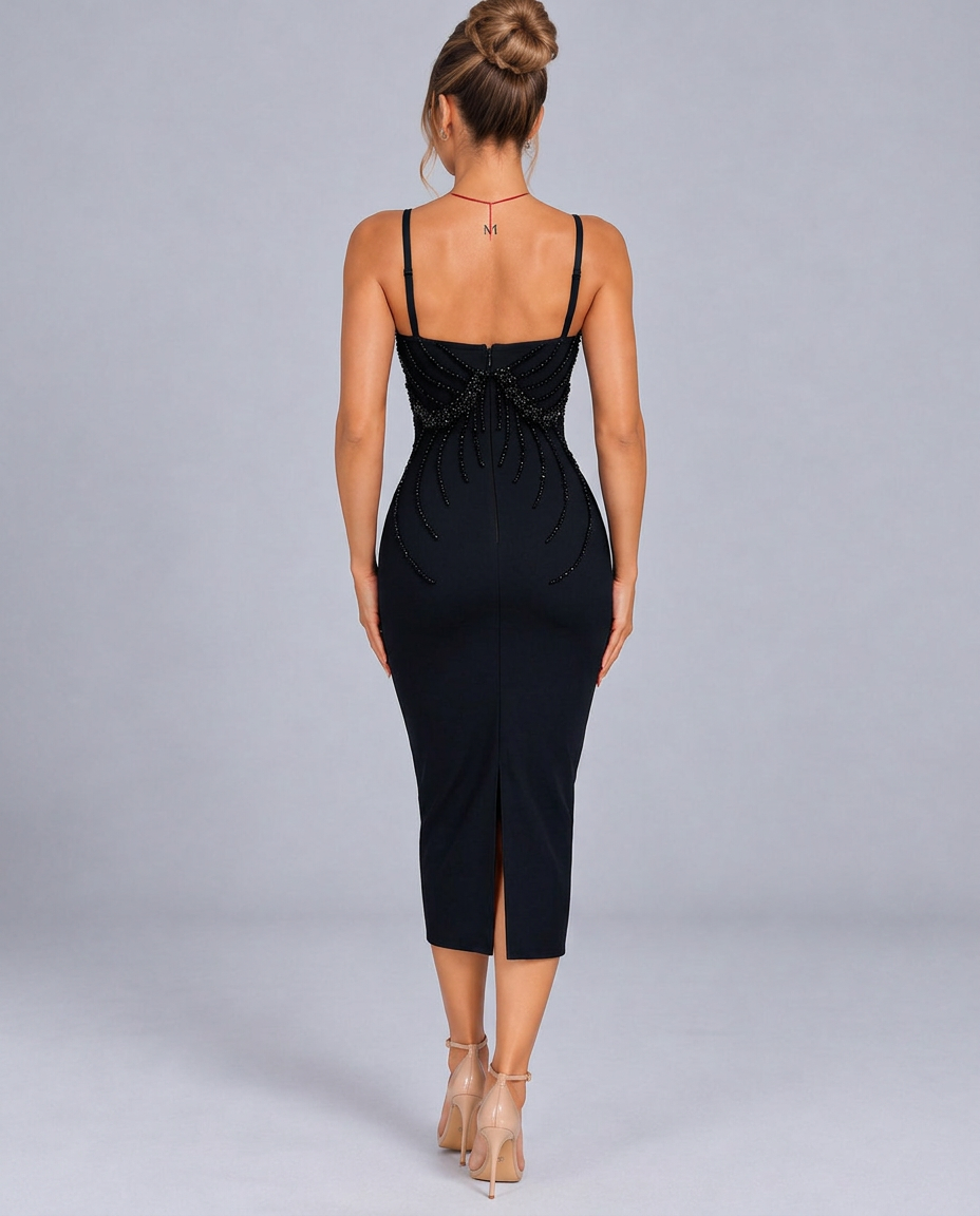 Neva | Beaded Bodycon Midi Dress with Spaghetti Straps