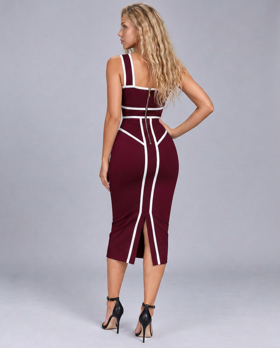 Valarie | Contrast Stripe Bodycon Midi Dress with Cross Neckline