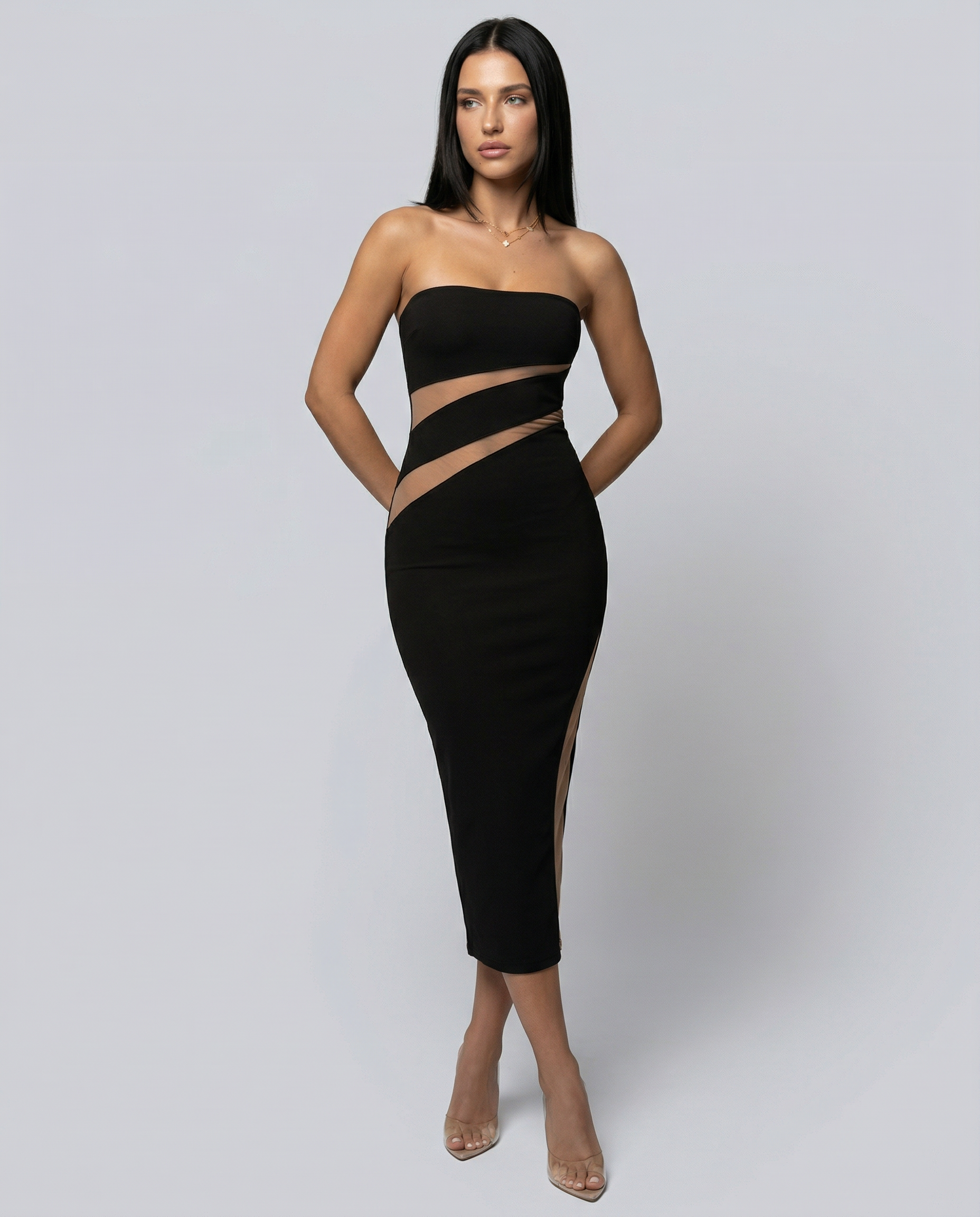 cut out panel dress Cherry Red PrettyLittleThing Cut Out Bust Panel Long Sleeve Drape Bodycon Dress