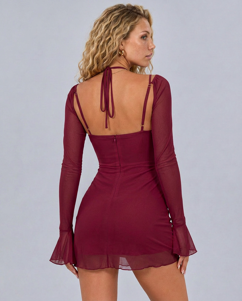 Jeanie | Mesh Mini Dress with Flounce Sleeves