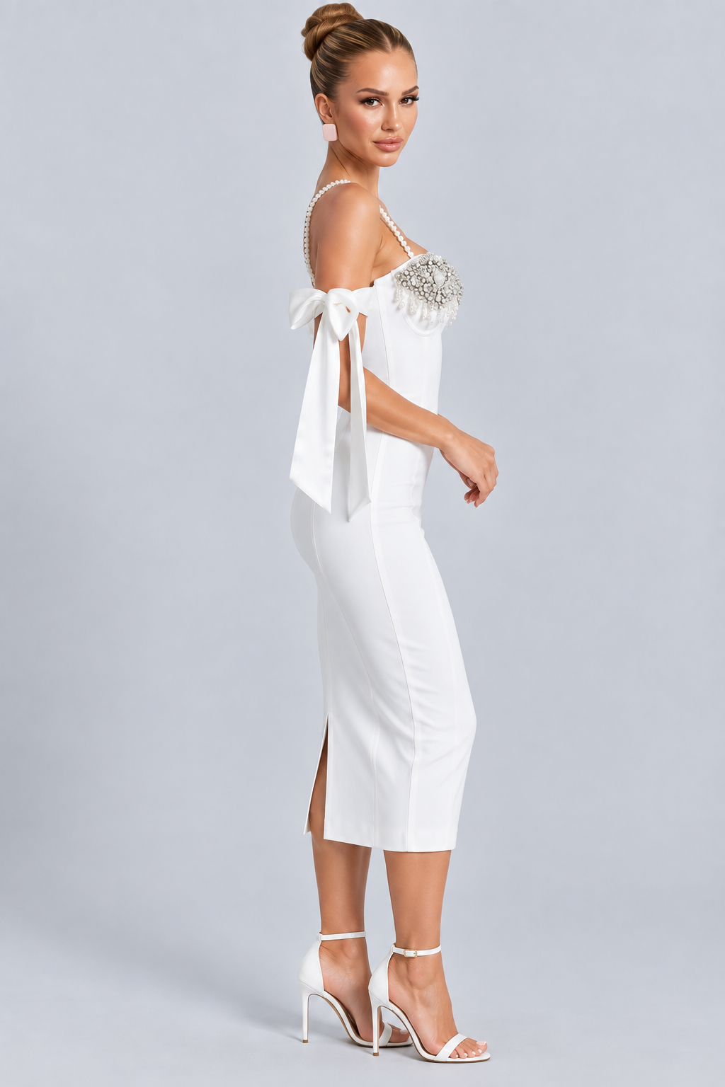 Monica | Embellished Midi Dress with Pearl Straps