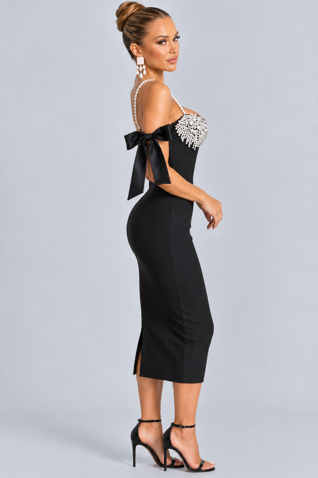Monica | Embellished Midi Dress with Pearl Straps