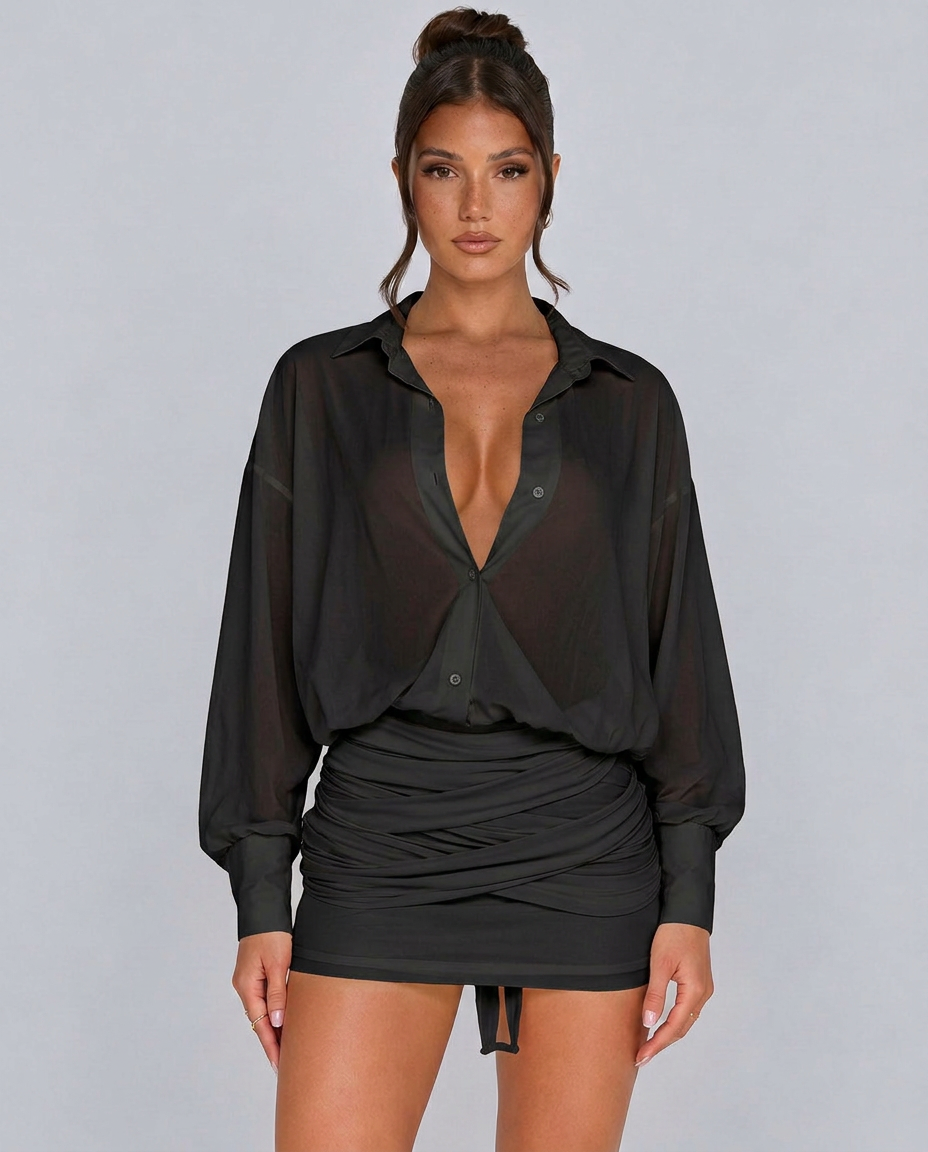 Eliza | Sheer Shirt Mini Dress with Ruched Skirt