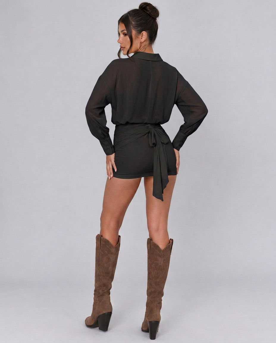 Eliza | Sheer Shirt Mini Dress with Ruched Skirt