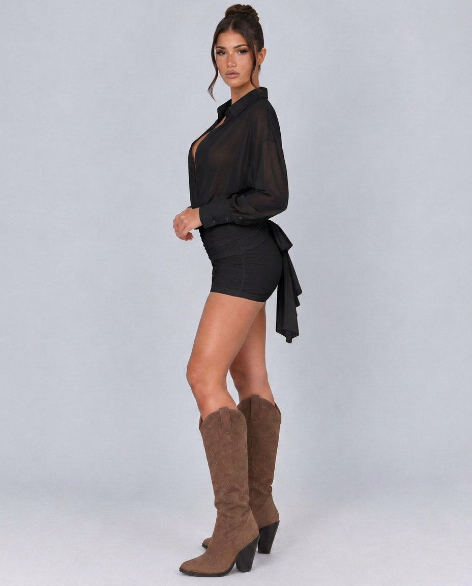 Eliza | Sheer Shirt Mini Dress with Ruched Skirt