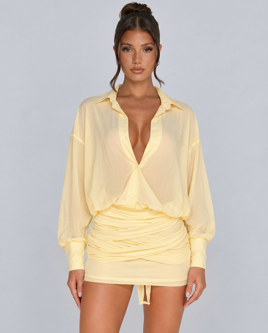 Eliza | Sheer Shirt Mini Dress with Ruched Skirt
