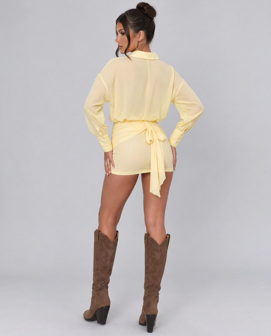 Eliza | Sheer Shirt Mini Dress with Ruched Skirt