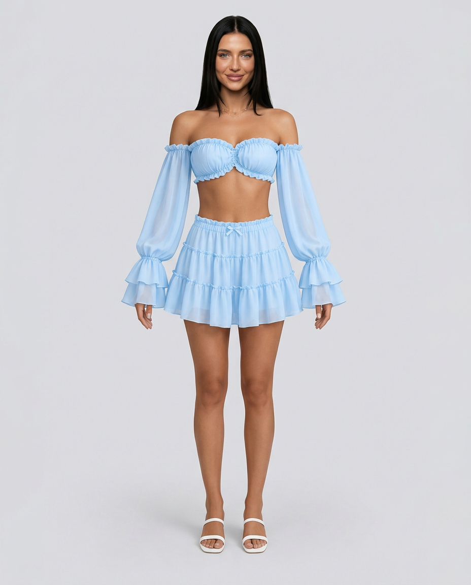 Lila | Two-Piece Set with Off-Shoulder Top and Ruffle Mini Skirt