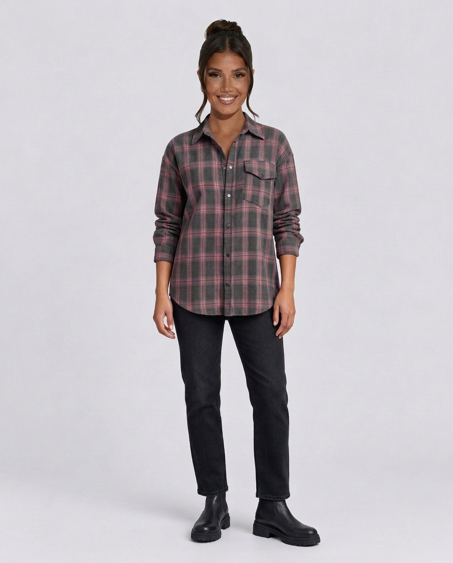Karen | Checked Shirt with Curved Hem and Chest Pocket