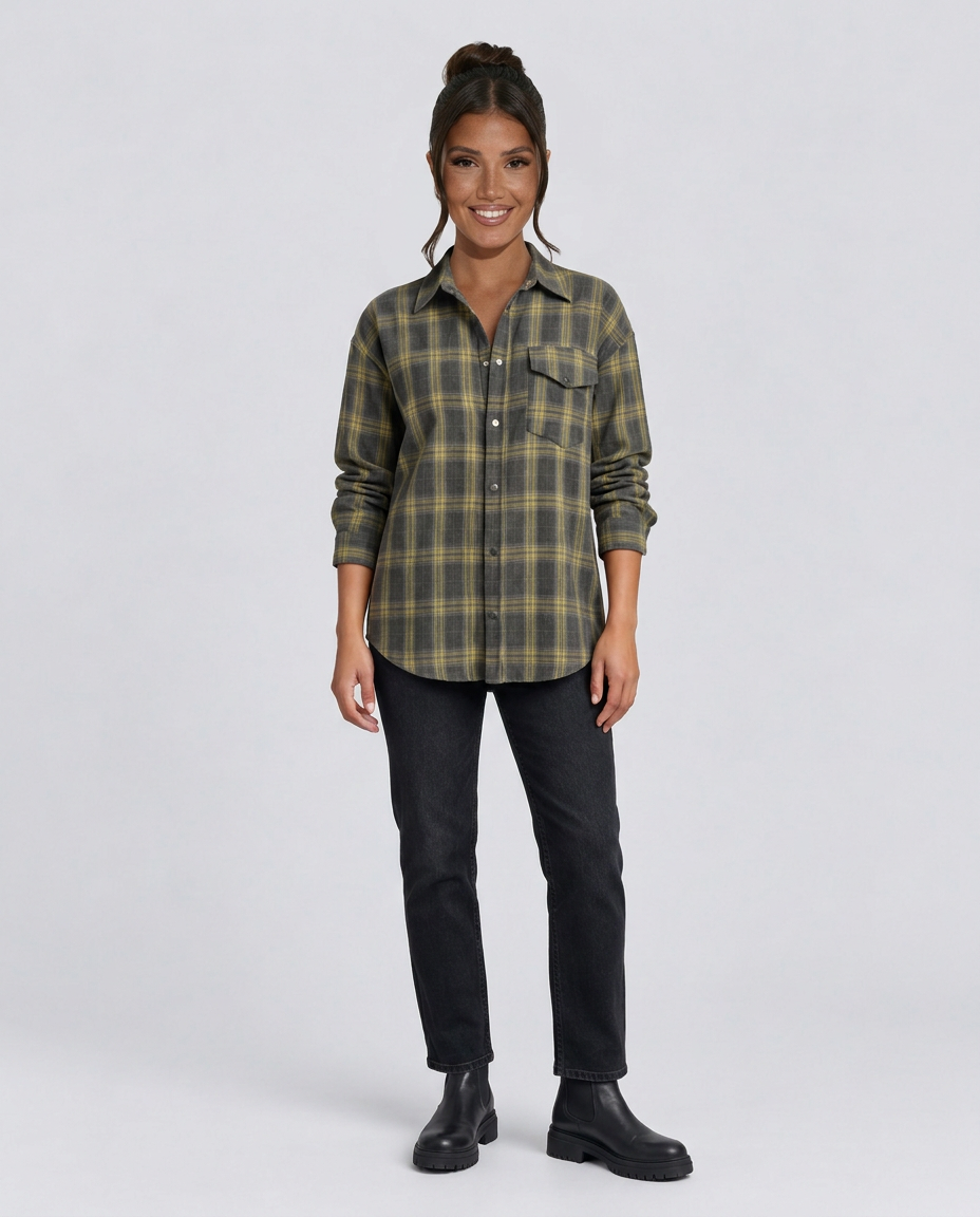 Karen | Checked Shirt with Curved Hem and Chest Pocket