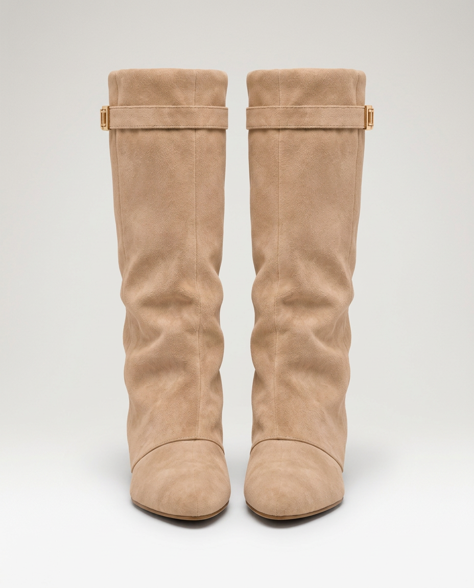 Imelda | Draped Knee-High Boots with Buckle Strap