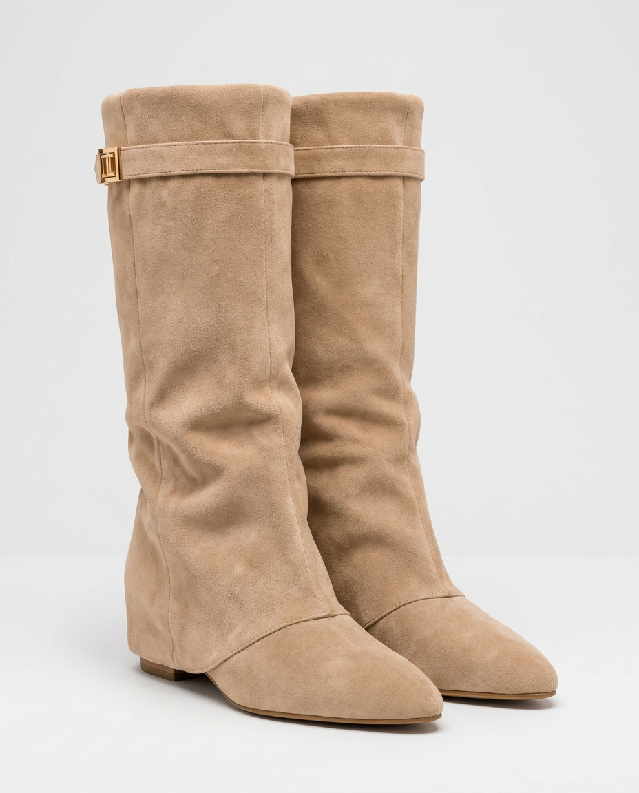 Imelda | Draped Knee-High Boots with Buckle Strap