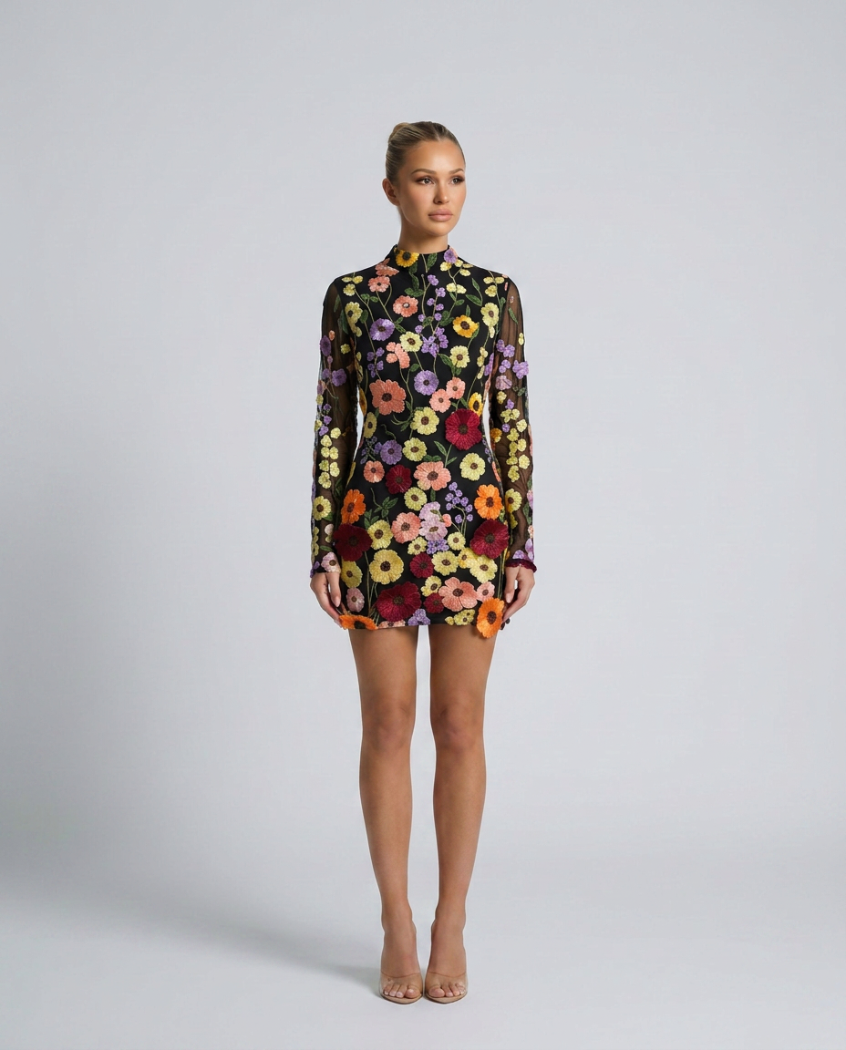 Anne | Mini Dress with Sheer Floral Embroidery