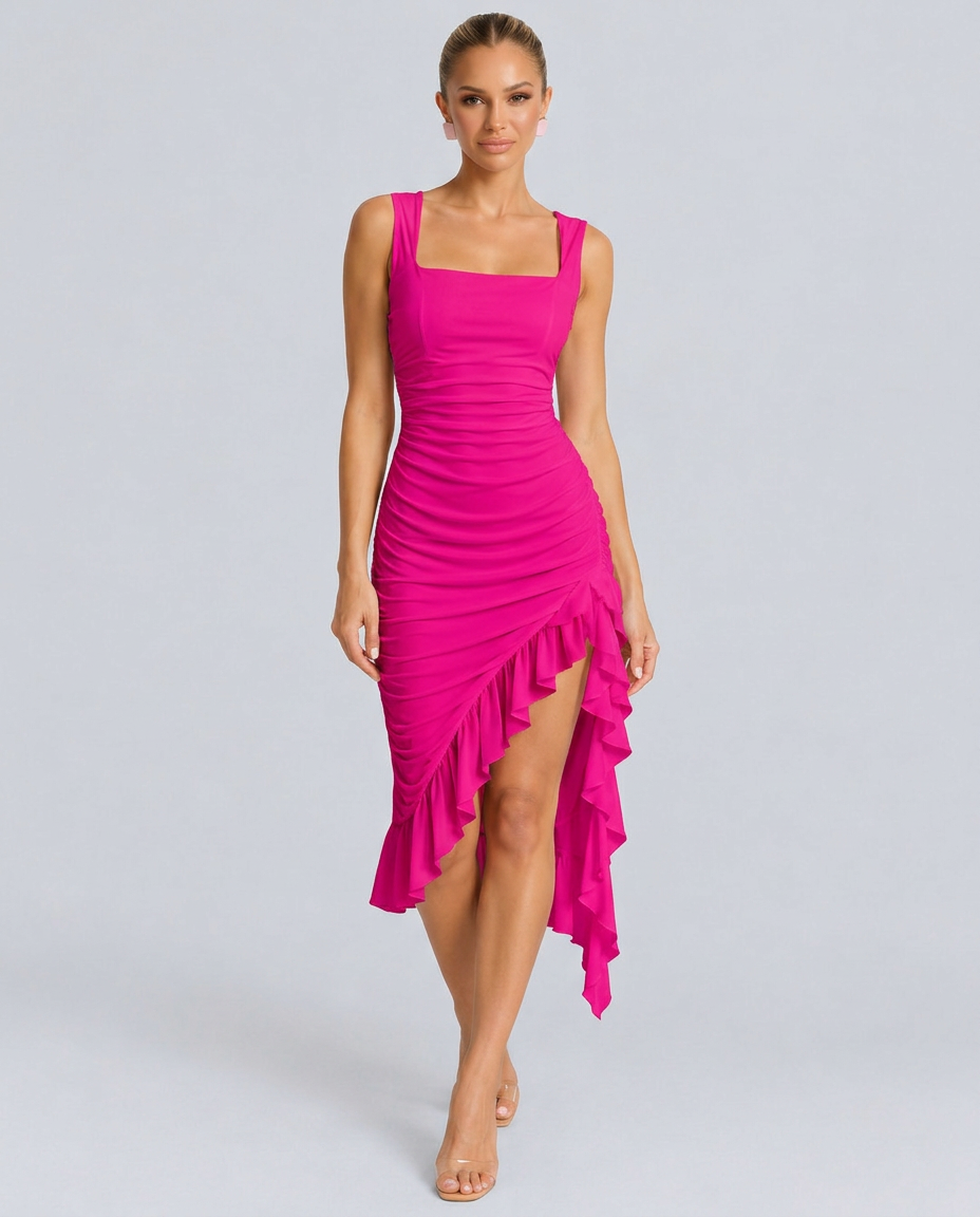 Xenia | Ruched Bodycon Flounce Hem Midi Dress