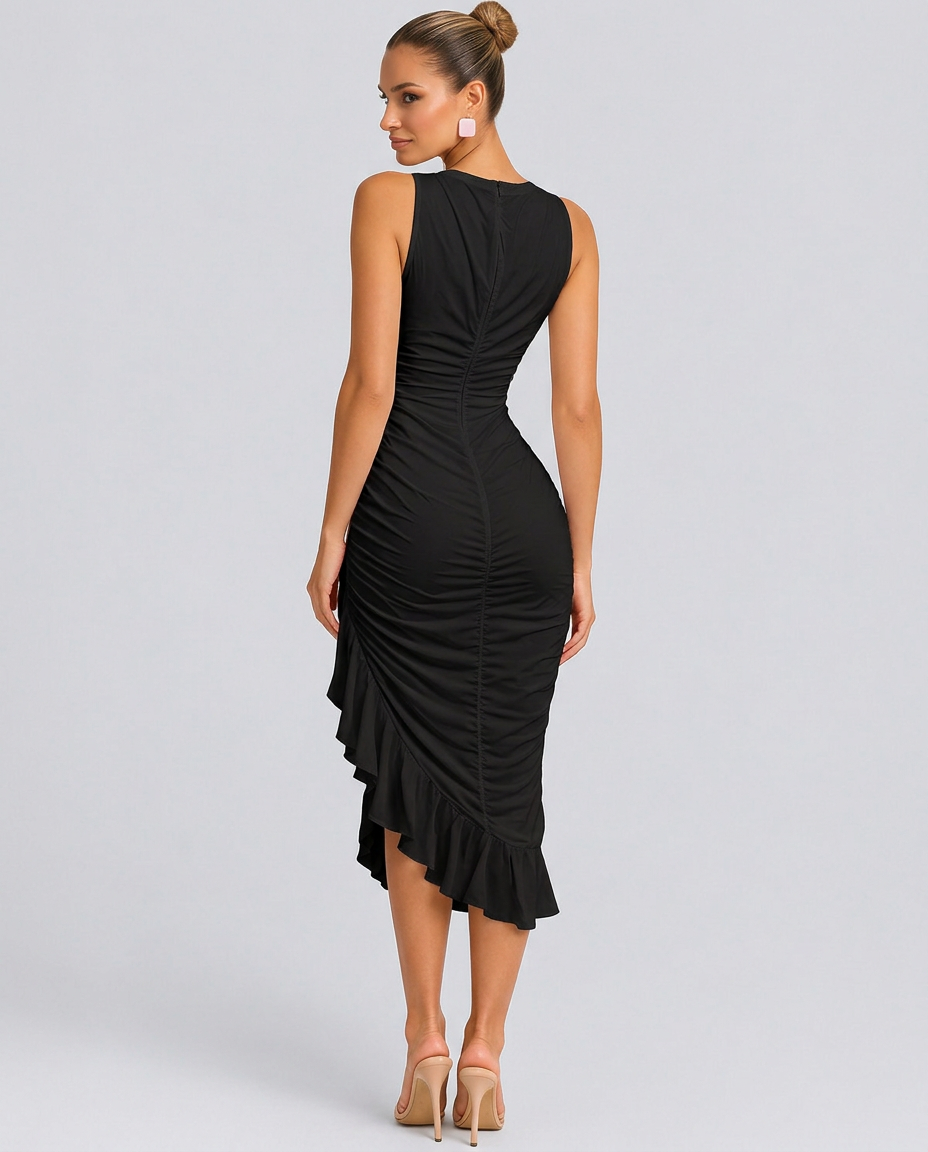 Xenia | Ruched Bodycon Flounce Hem Midi Dress