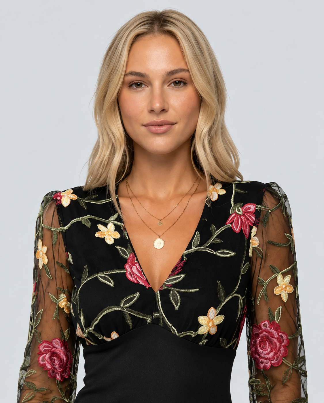 Freya | Floral Embroidered Mesh Deep V Long Sleeve Blouse