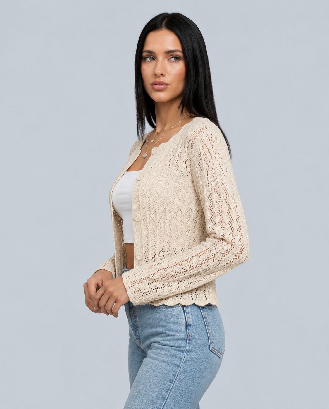 Ellie | Cropped Openwork Knit Button Cardigan