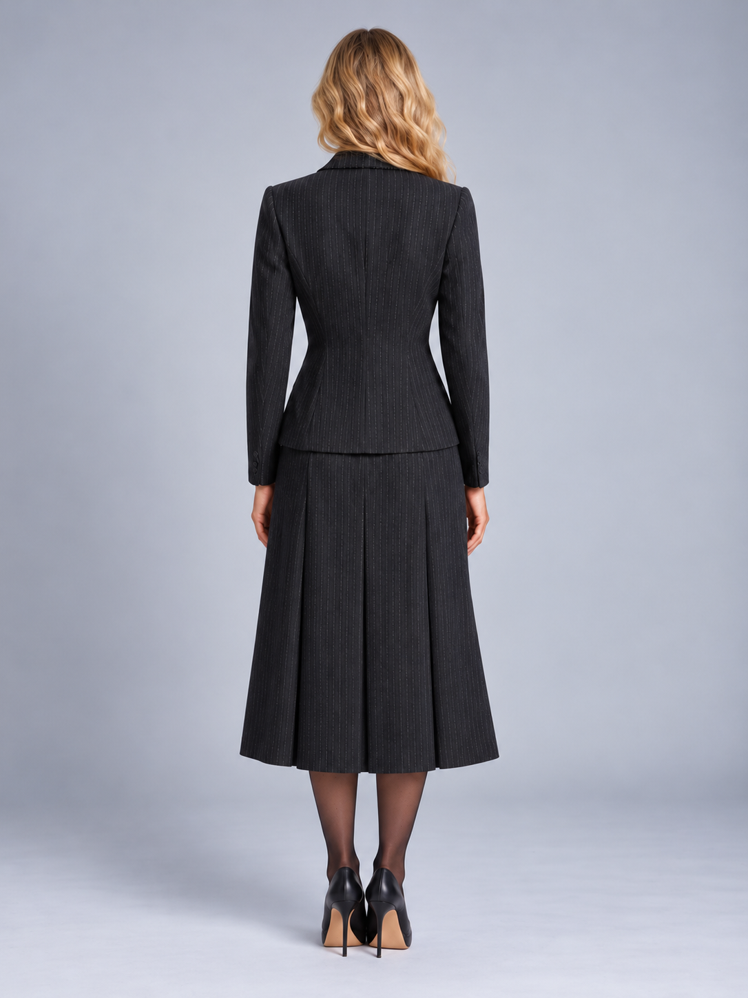 Greta | Pinstripe Beaded Lapel Blazer & Midi Dress Set
