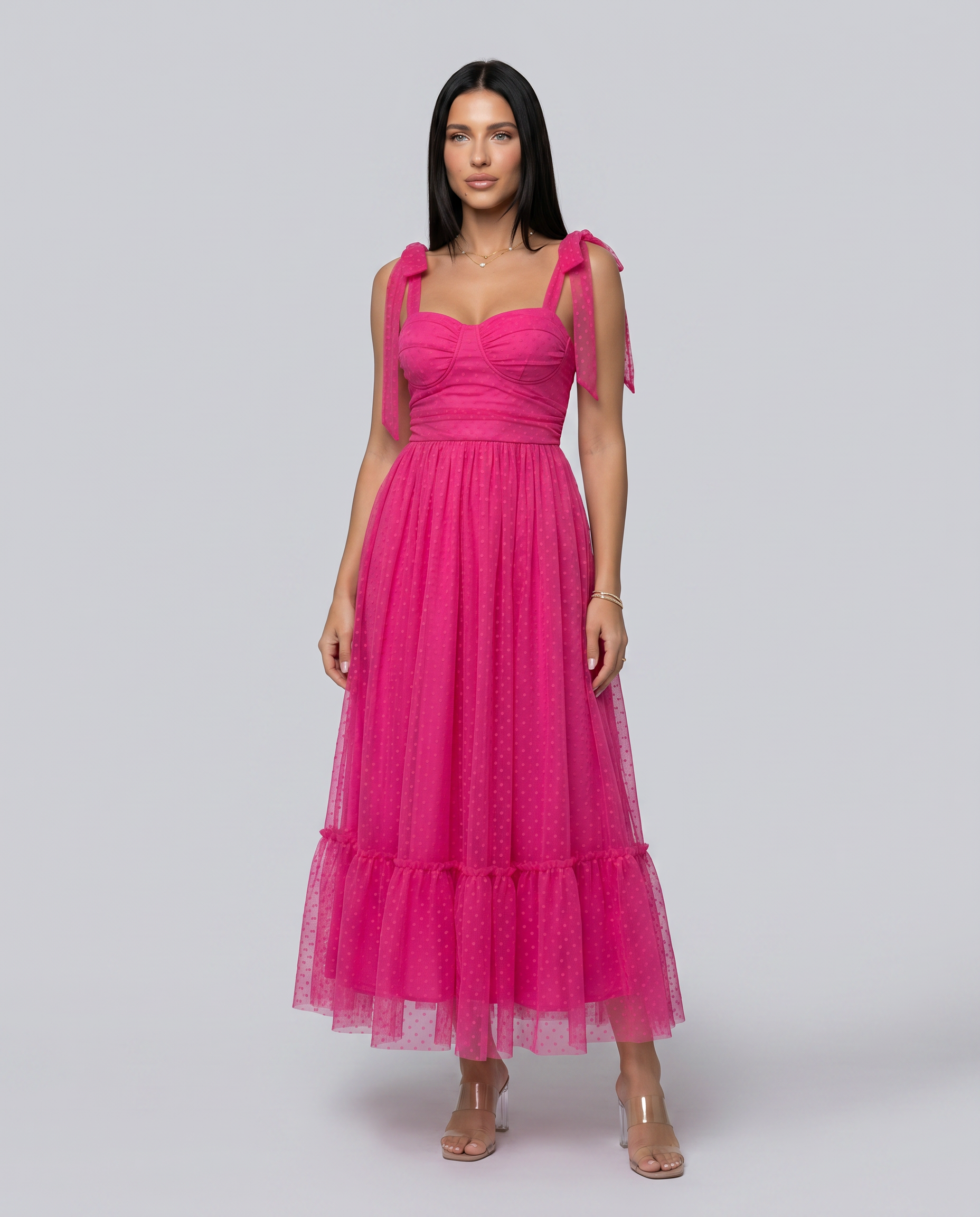 tina tulle midi dress Women's Tulle Midi Dress Pleated Tie Strap Sweetheart Neck Tina