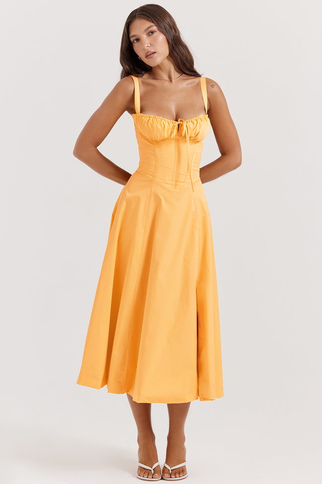 Women's Corset Midi Dress Ruched Bust Lace Up Back Malia