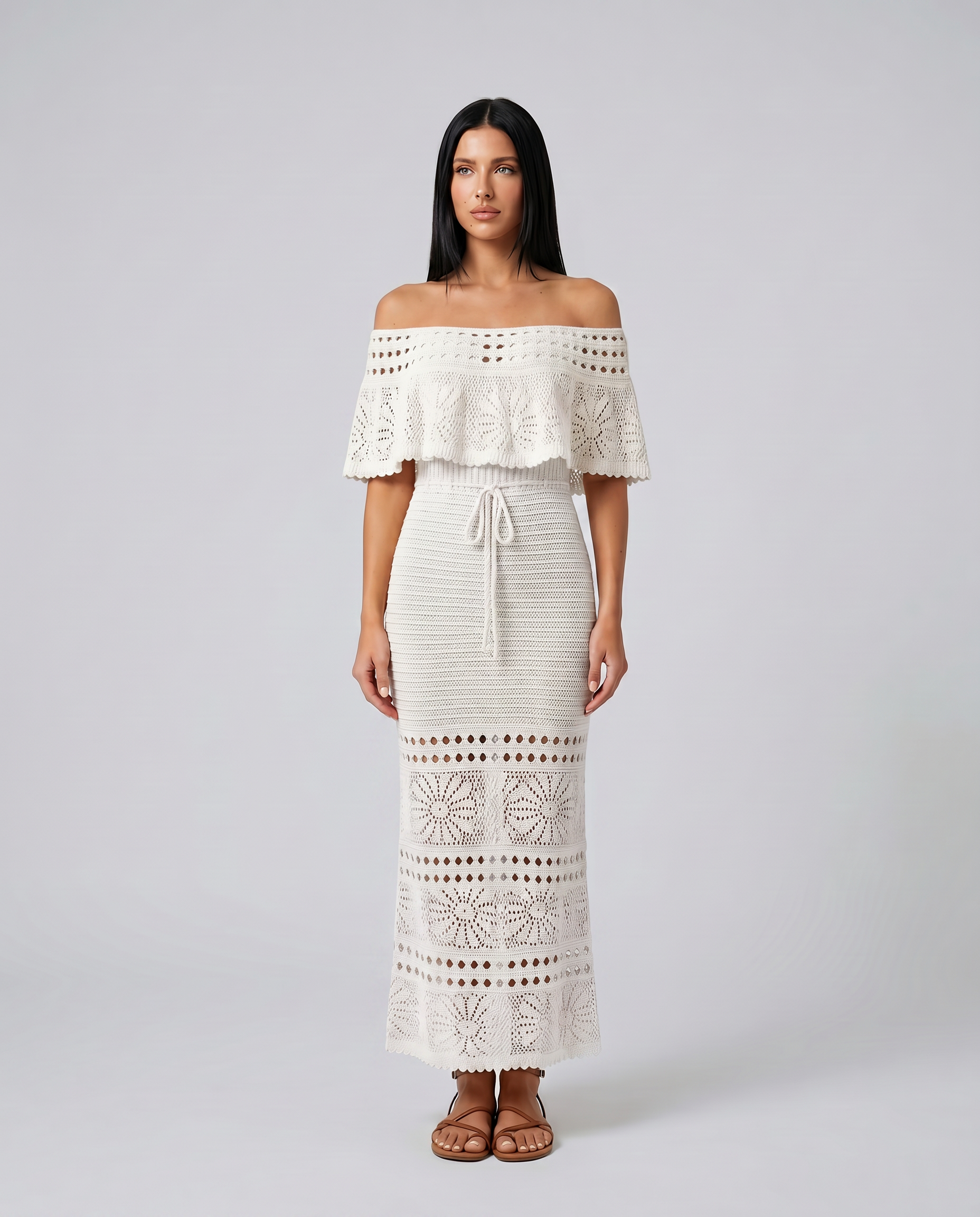 Mara | Midi Crochet Dress with Off-Shoulder Neckline