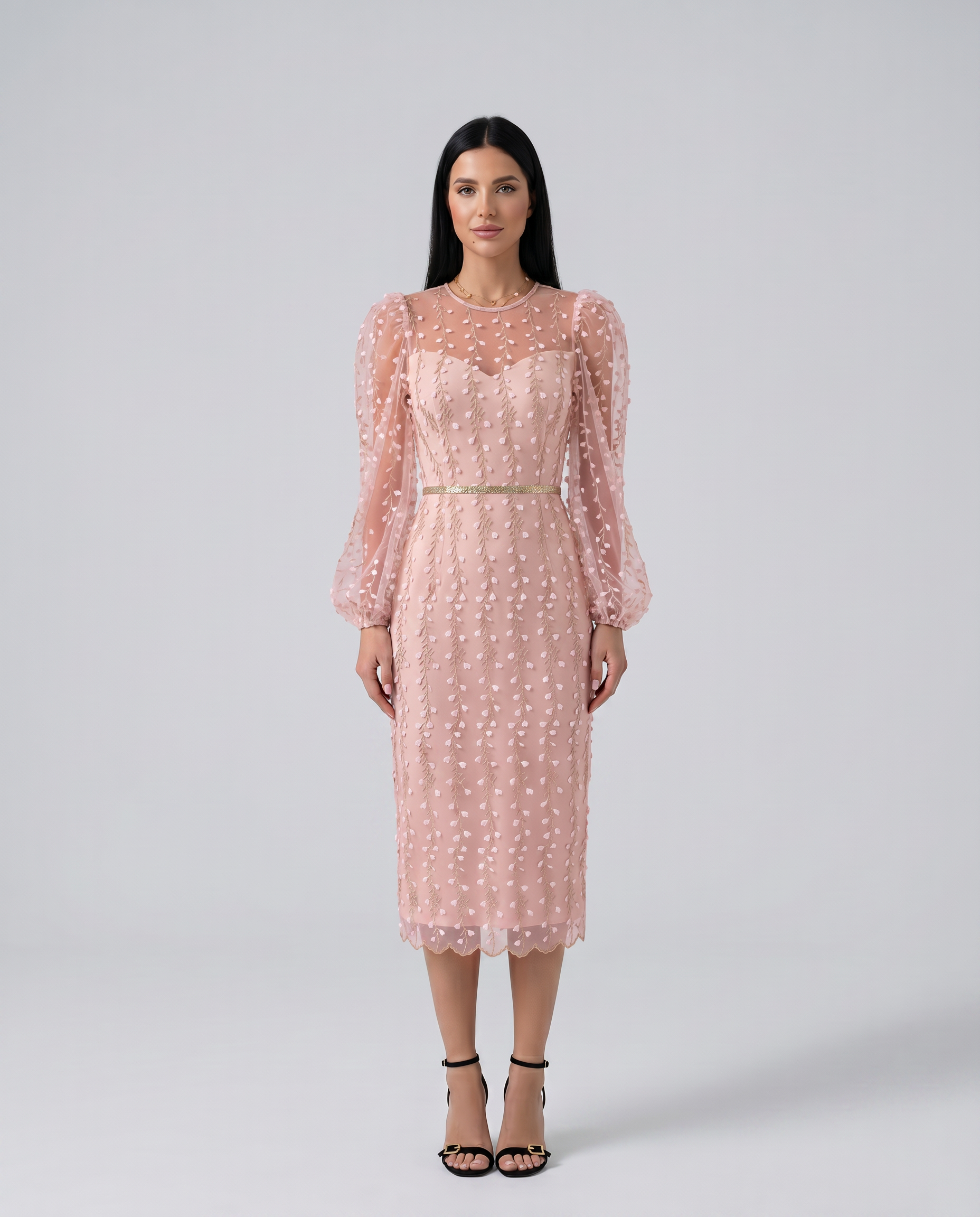Toni | Midi Dress with Sheer Embroidered Overlay