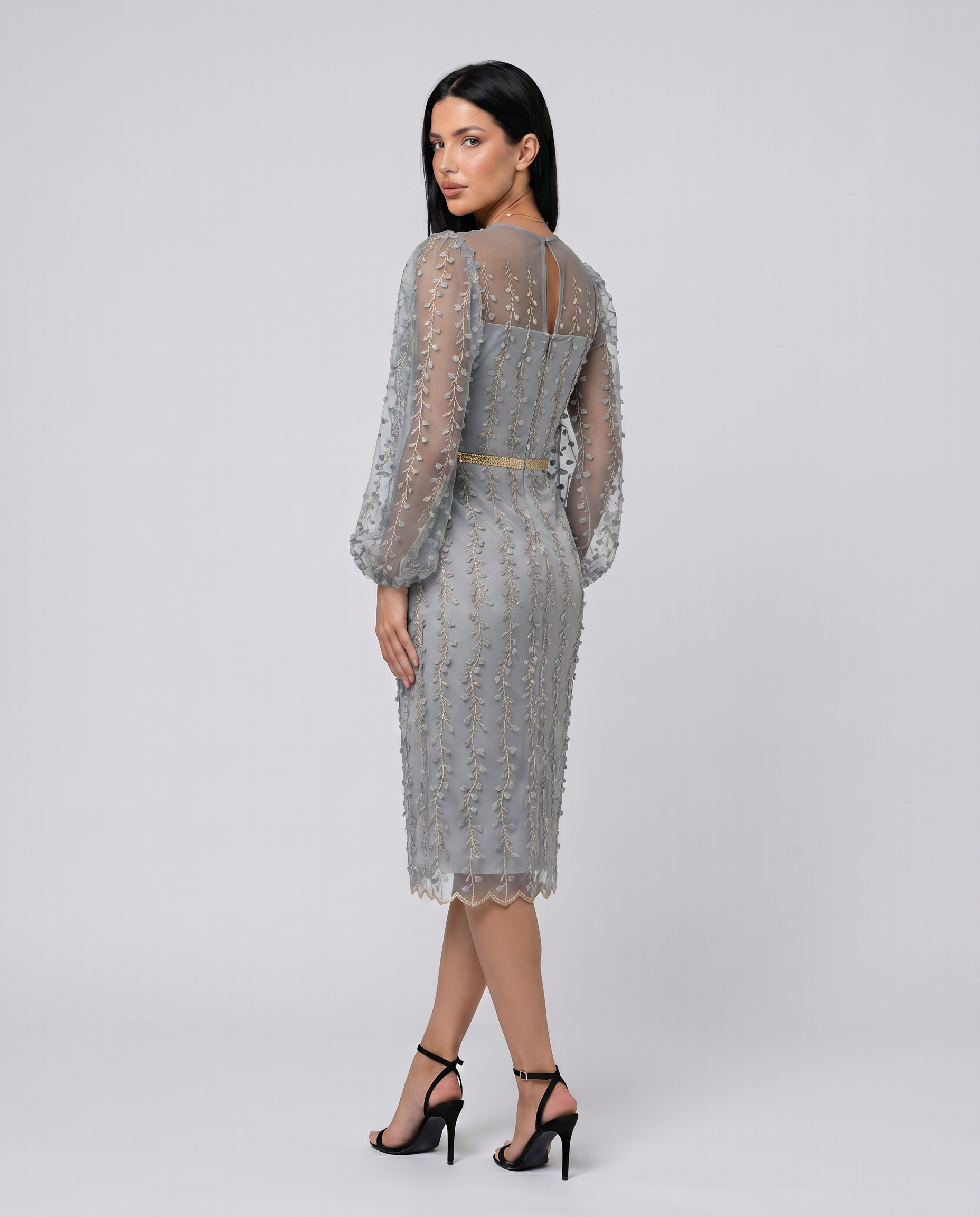 Toni | Midi Dress with Sheer Embroidered Overlay