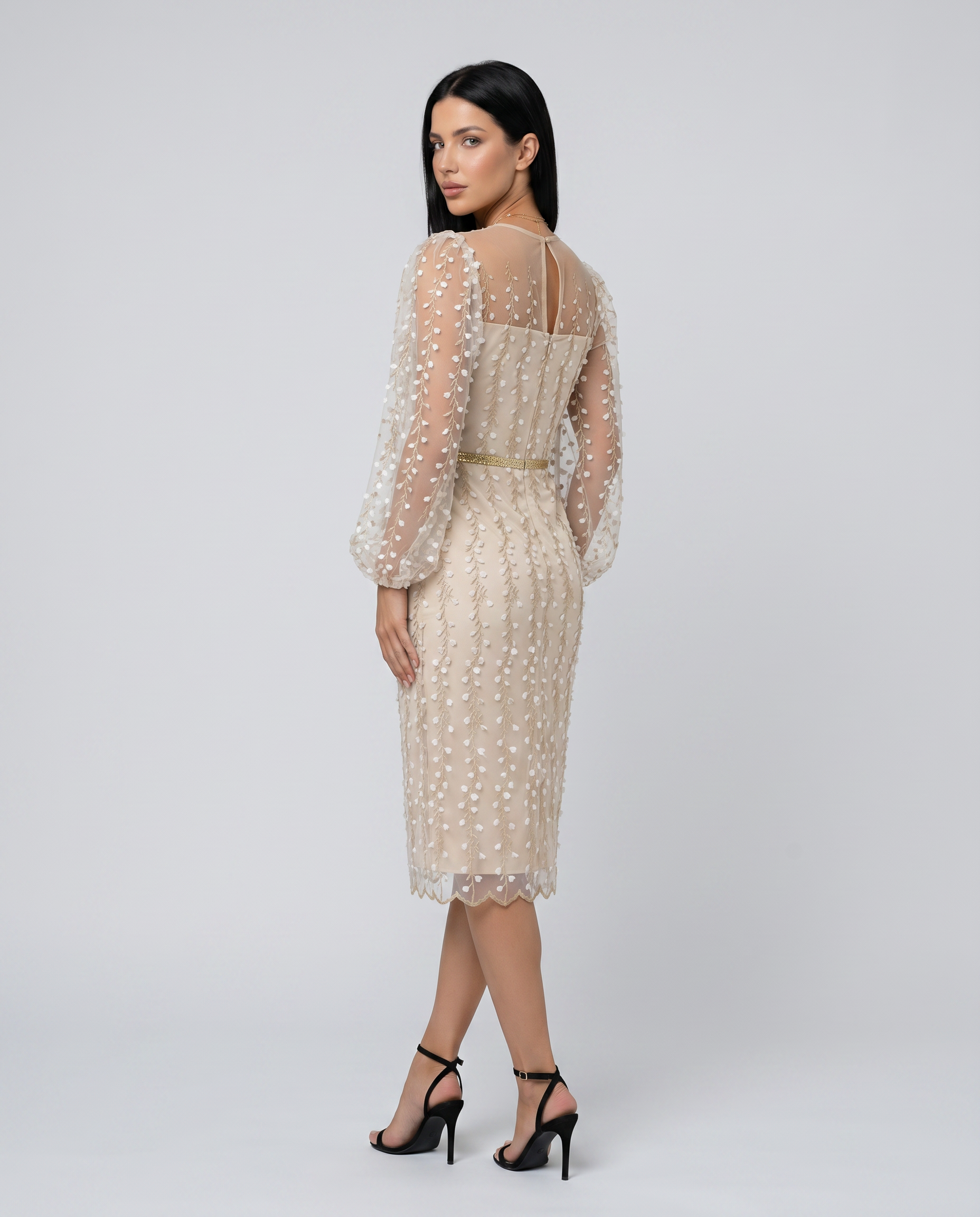 Toni | Midi Dress with Sheer Embroidered Overlay