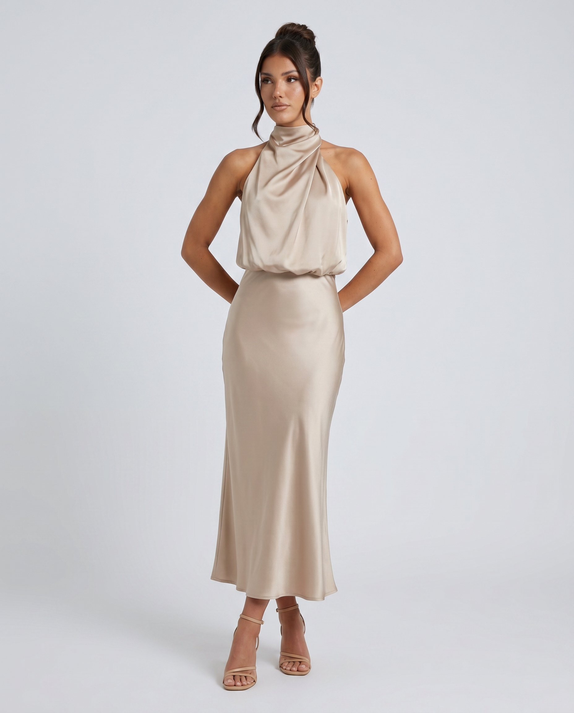 francesca midi dress Women's Satin Halter Midi Dress Draped High Neck Sleeveless Francesca