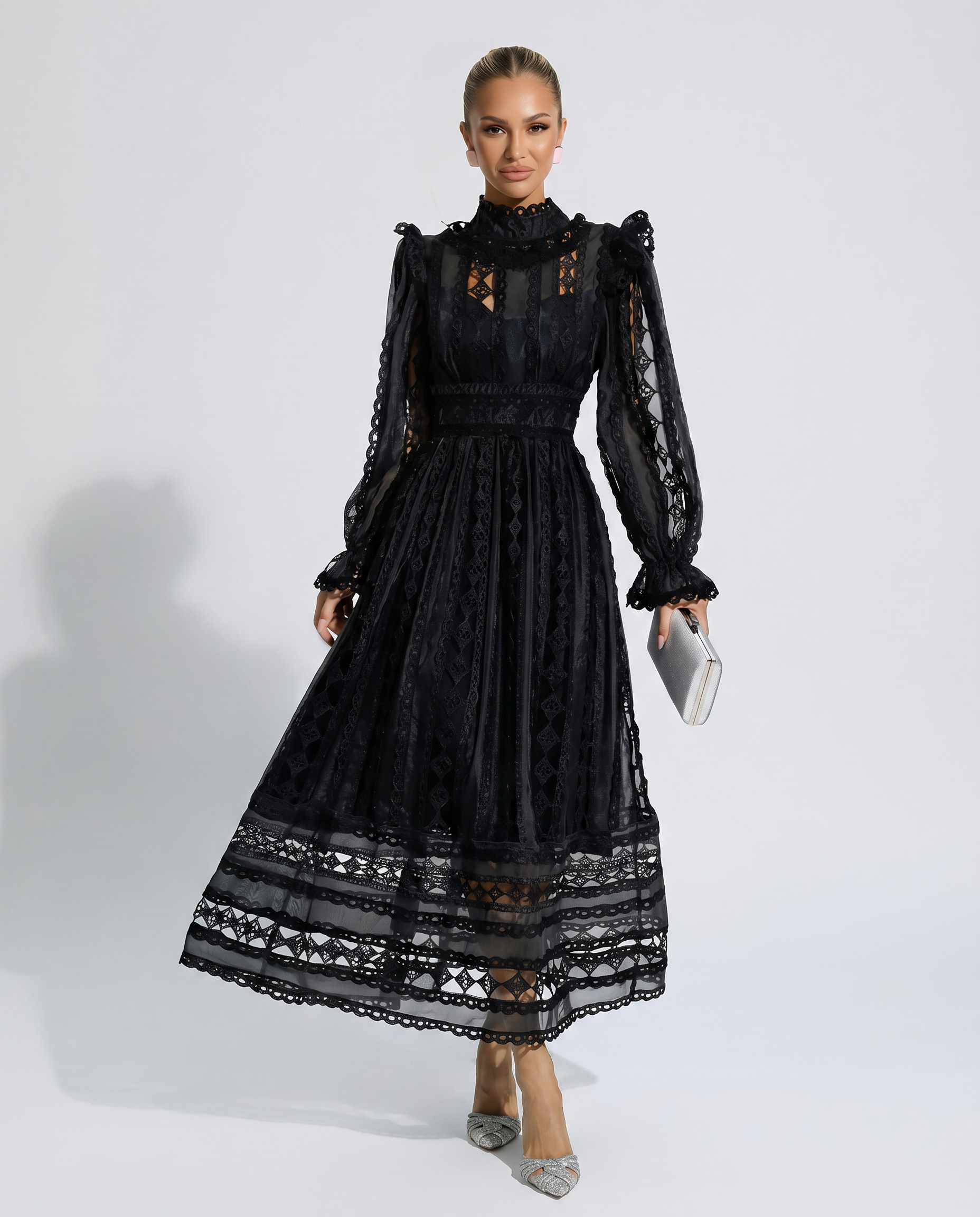 midi lace long sleeve dress Women's Lace Midi Dress Long Sleeve High Neck Cut Out Detail Juliet