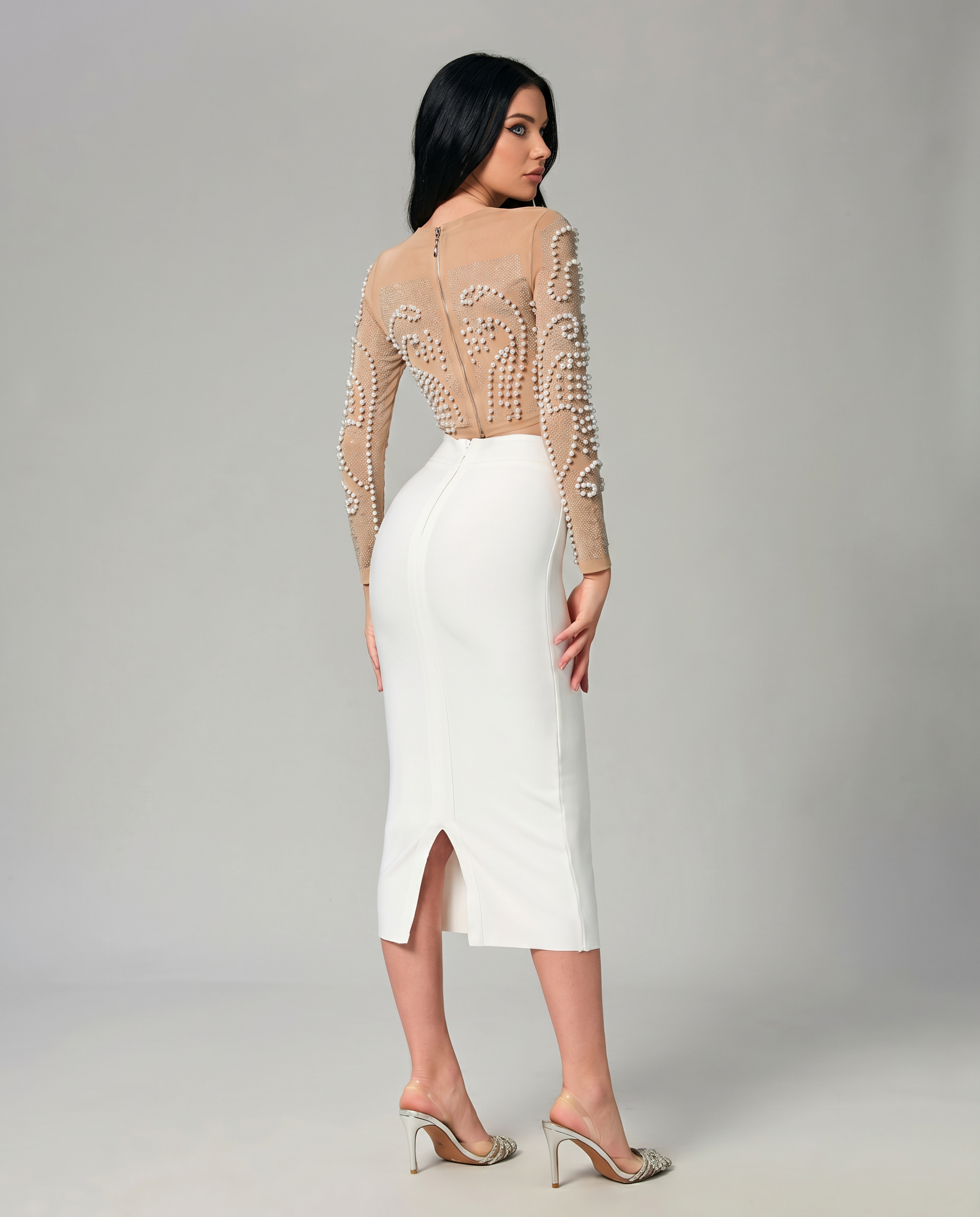 Motina | Two-Piece Set with Pearl Mesh Crop Top