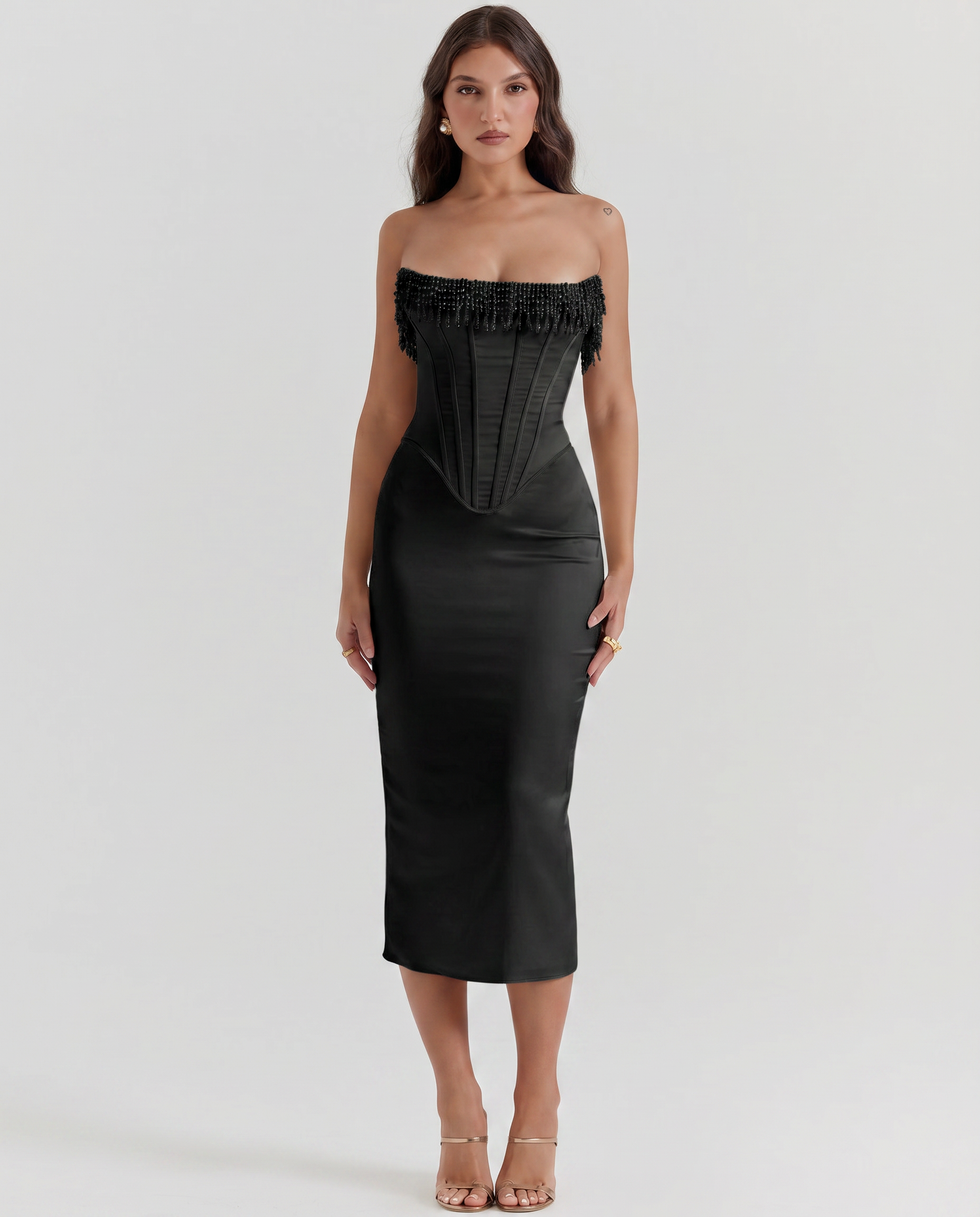 Nalita | Strapless Midi Dress with Pearl Beading