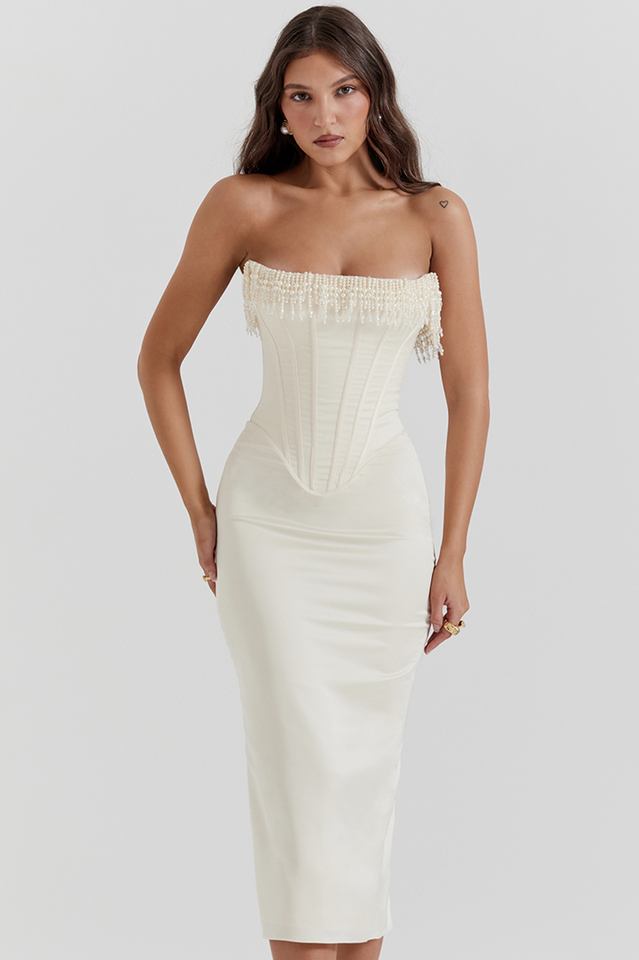 Nalita | Strapless Midi Dress with Pearl Beading
