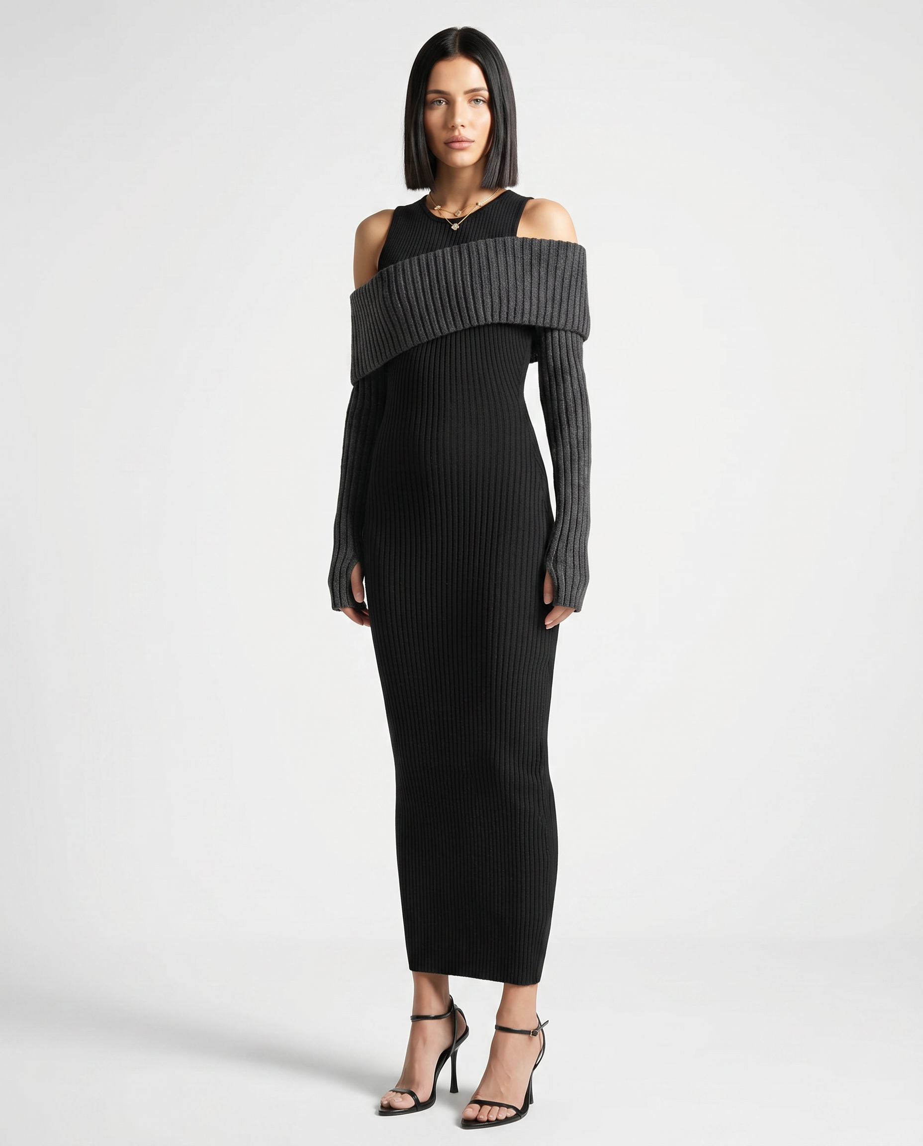 Marisa | Midi Dress with Ribbed Knit and Cold Shoulder Detail