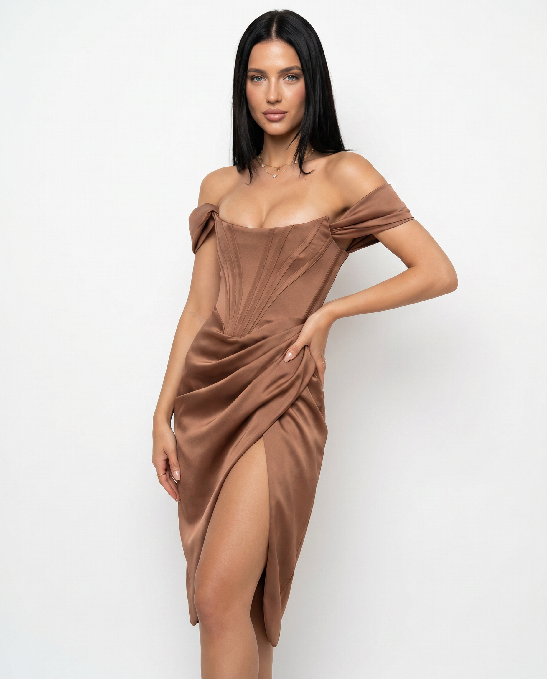 Doris | Midi Dress with Corset Bodice and Side Slit