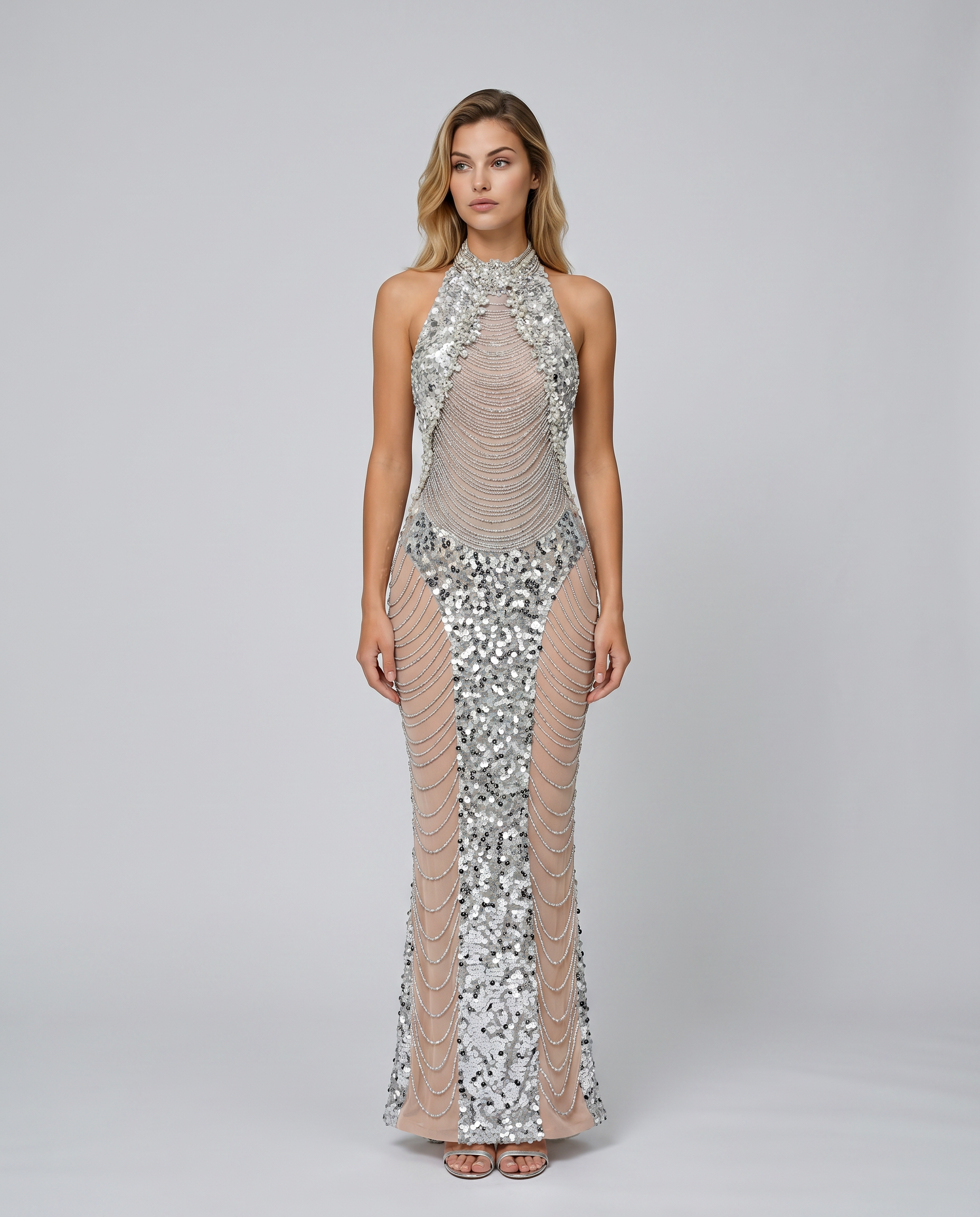 Women's Sequin Halter Maxi Dress Backless Marina