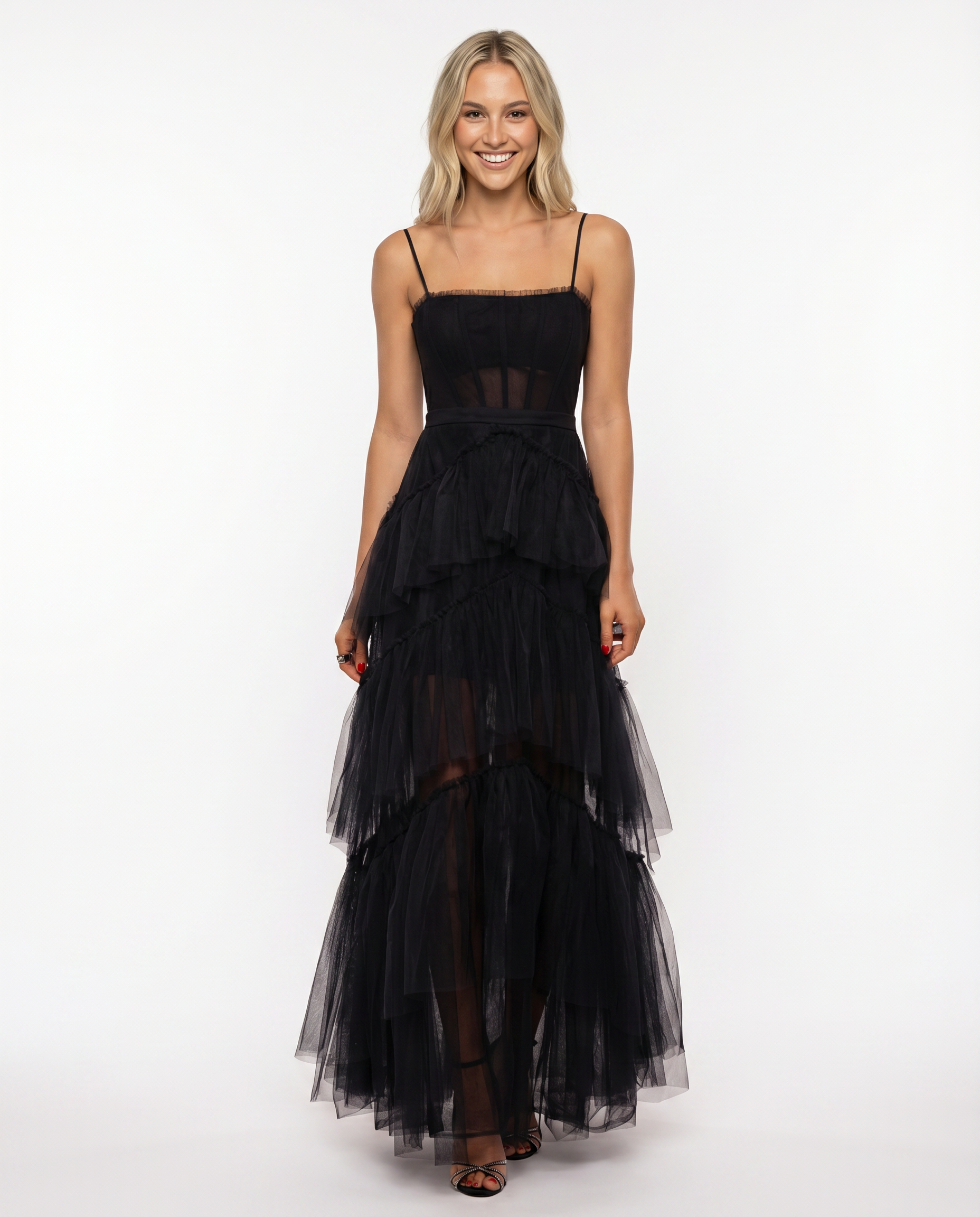 Nyx | Mesh Corset Gown with Tiered Skirt and Spaghetti Strap