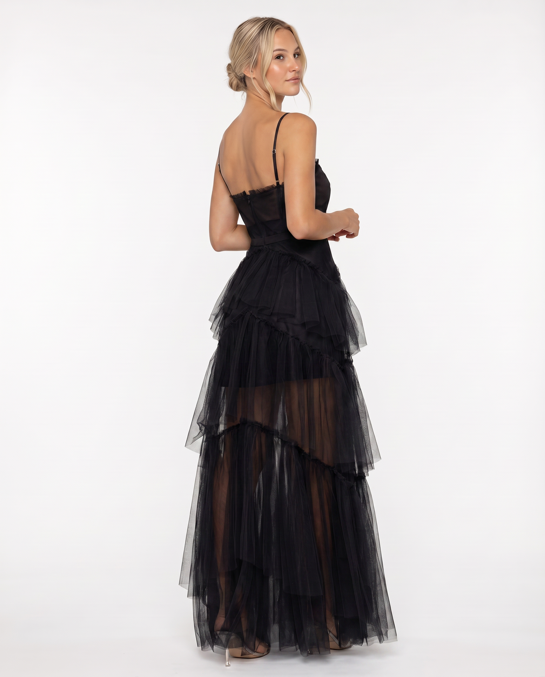 Nyx | Mesh Corset Gown with Tiered Skirt and Spaghetti Strap