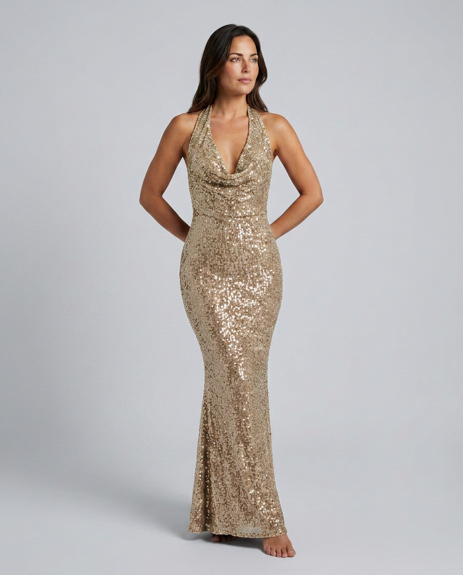 Women's Sequin Maxi Dress Halter Neck Backless Cowl Zorina