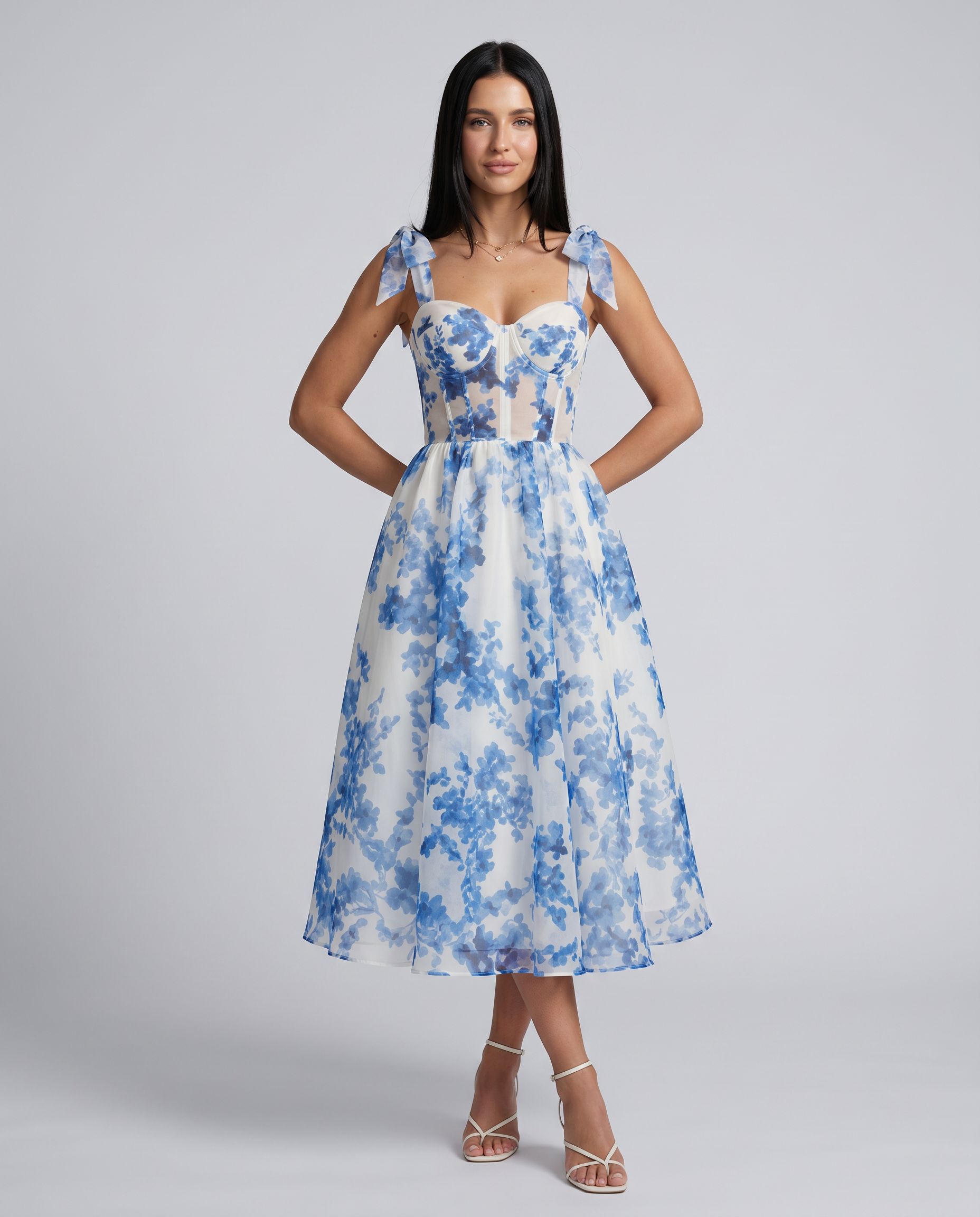 Fiora | Midi Dress with Corset Bodice and Tie Straps